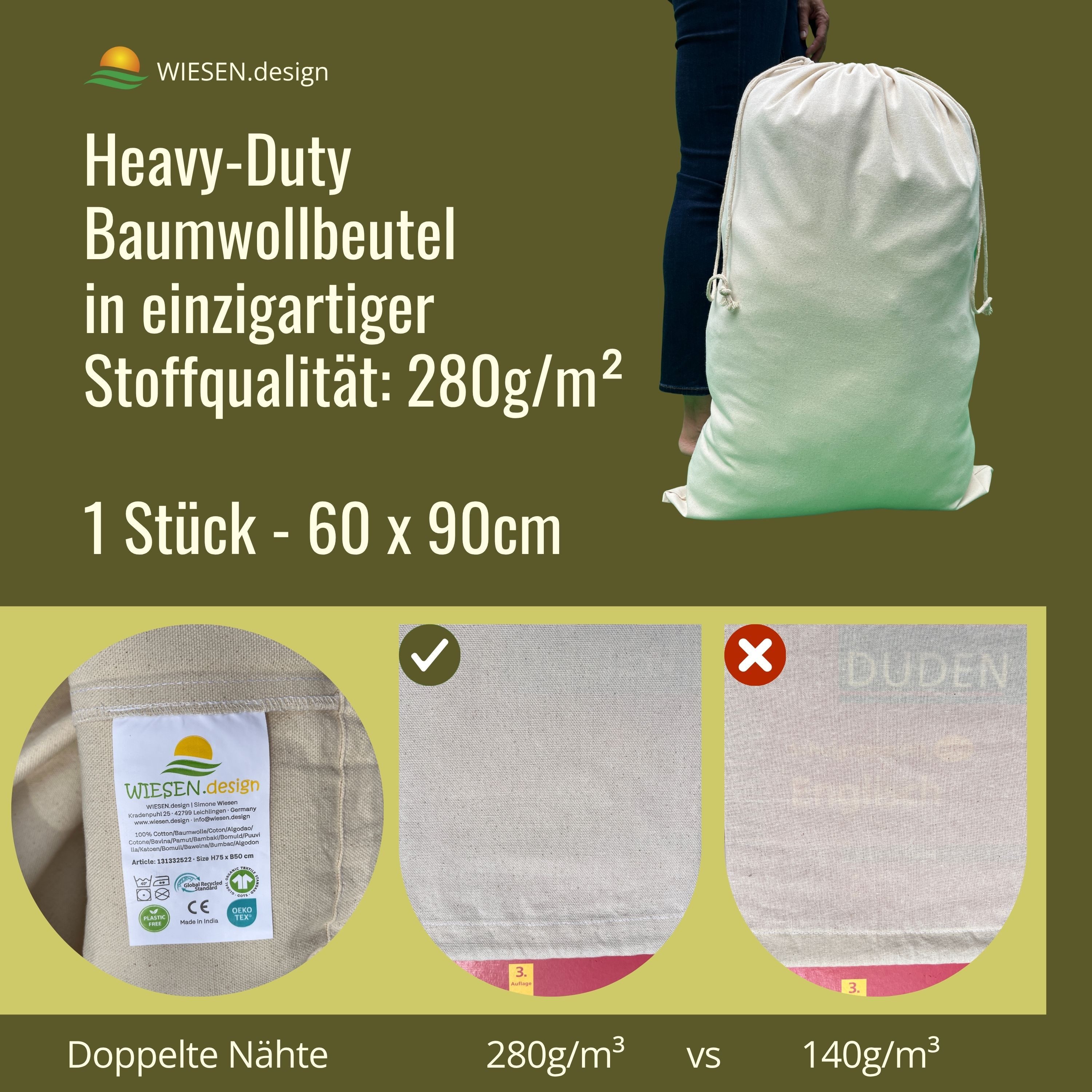 WIESEN.design Wäschesack Baumwollbeutel - 280 g/m² OEKO-TEX® zertifizierte Heavy-Duty Baumwolle (Set, 1 St., kostenfreier Versand - Stoffbeutel mit beidseitigen Kordelzug), gratis Lieferung