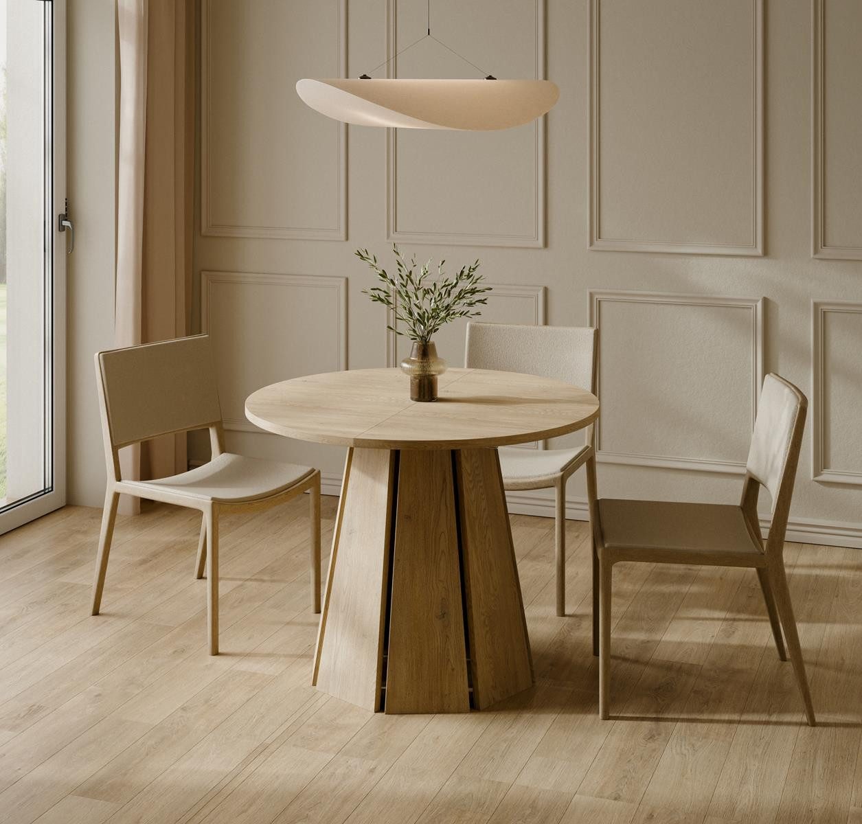 Compleo Esstisch ausziehbar 100-180, Japandi Design (Rund, Oval), Nussbaum, Eiche cremona oder Kaschmir MORI
