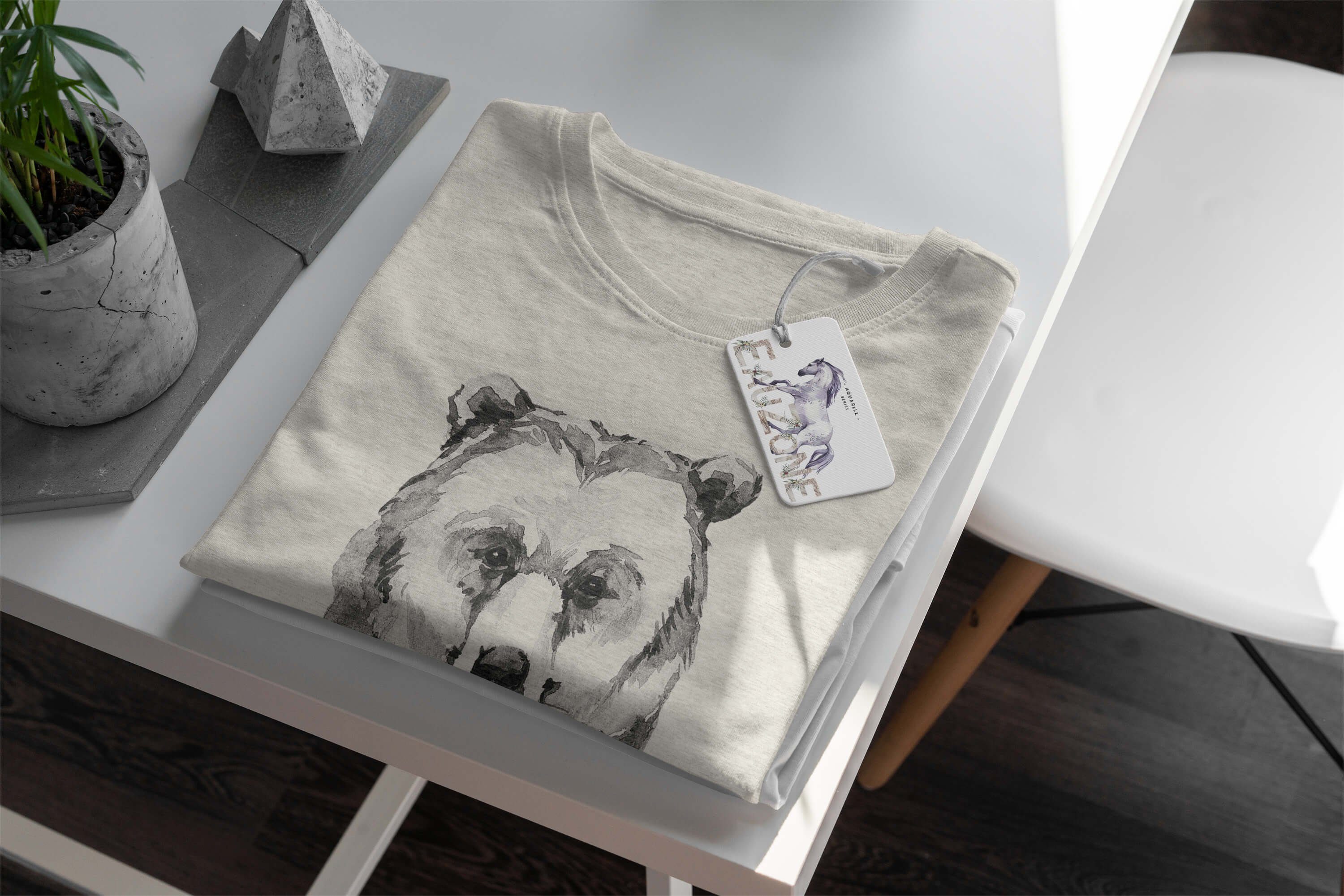Sinus Art T-Shirt Herren Ökomode Shirt Bär T-Shirt Porträt Bio-Baumwolle gekämmte (1-tlg) 100% Motiv Aquarell aus Nachhaltig