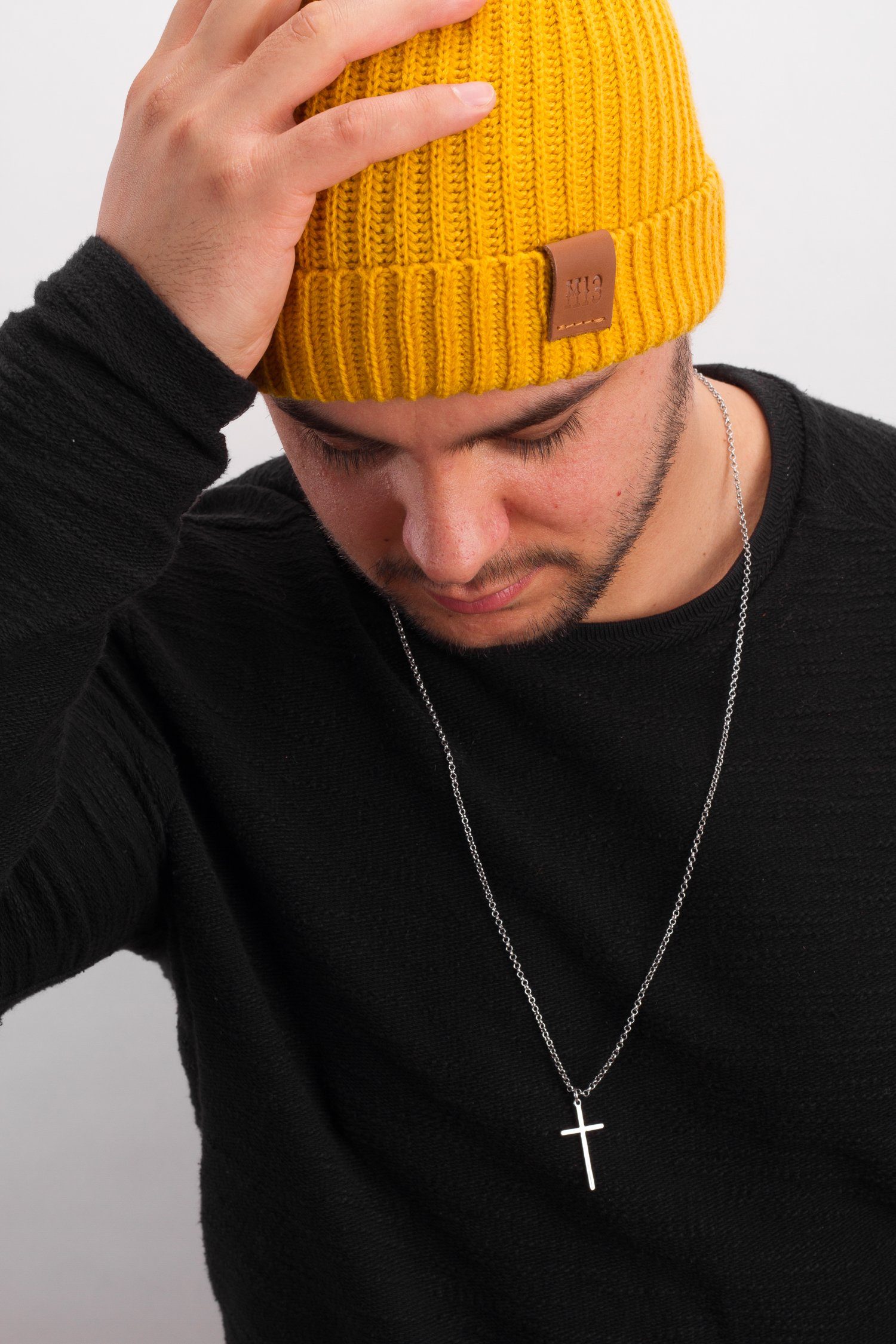 Fishermans mit Mustard Wintermütze Manufaktur13 Beanie Beanie - Veredelung Echt-Leder Strickmütze,