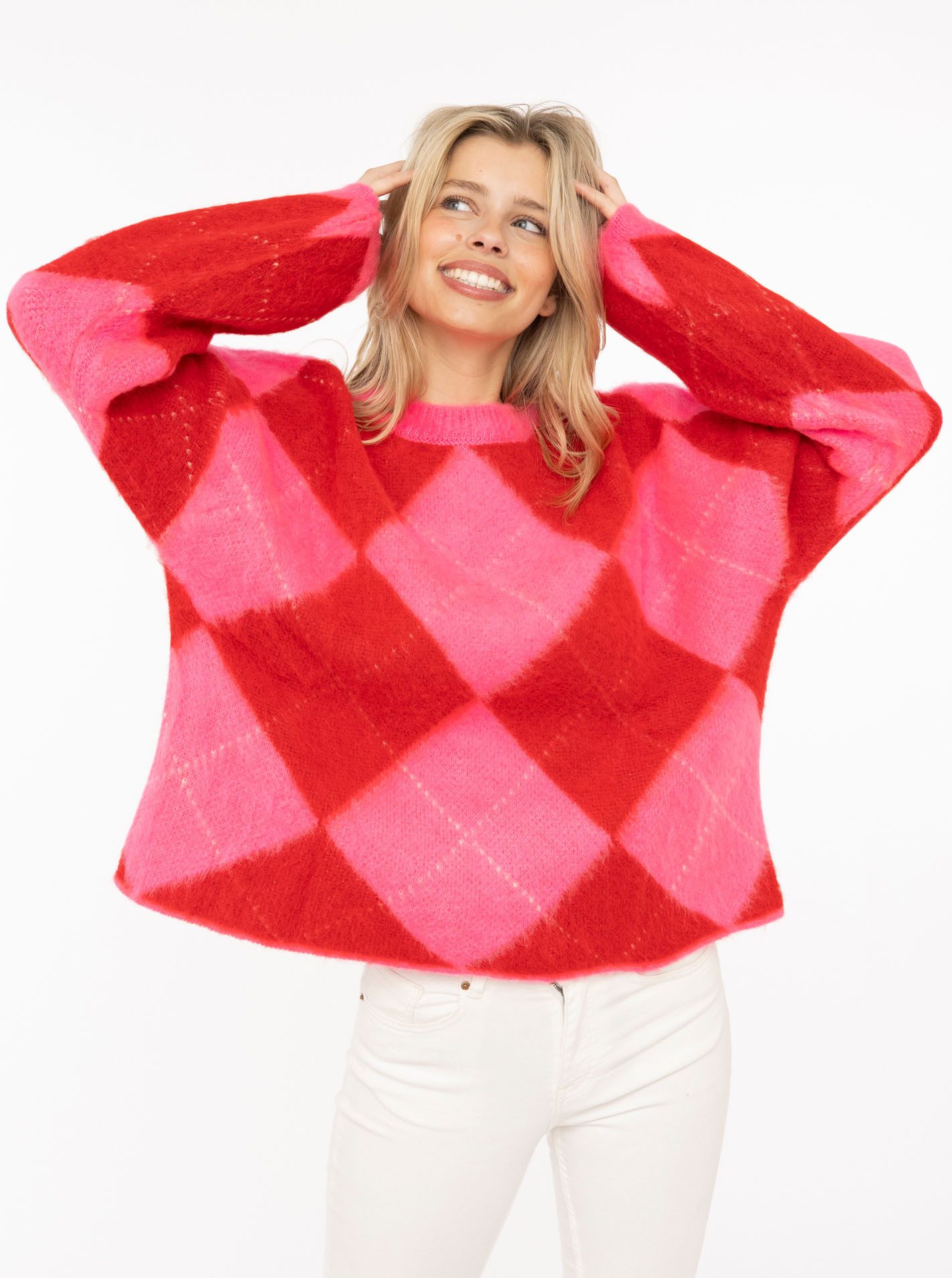 Zwillingsherz Strickpullover "Soft Argyle" Rundhals, angesagtes großes Rautenmuster, farbenfroh, One Size