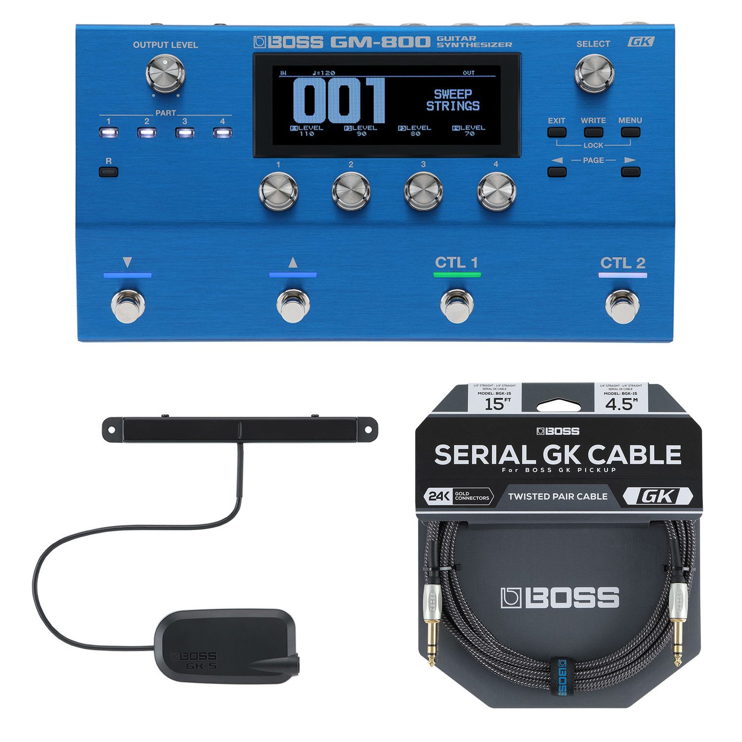 Boss by Roland E-Bass Boss GM-800 Effektgerät Synthesizer-Pedal Bass-Bundle, Effektgerät, Synthesizer, Pedal, mit Basstonabnehmer, Serial GK-Kabel und Tuch