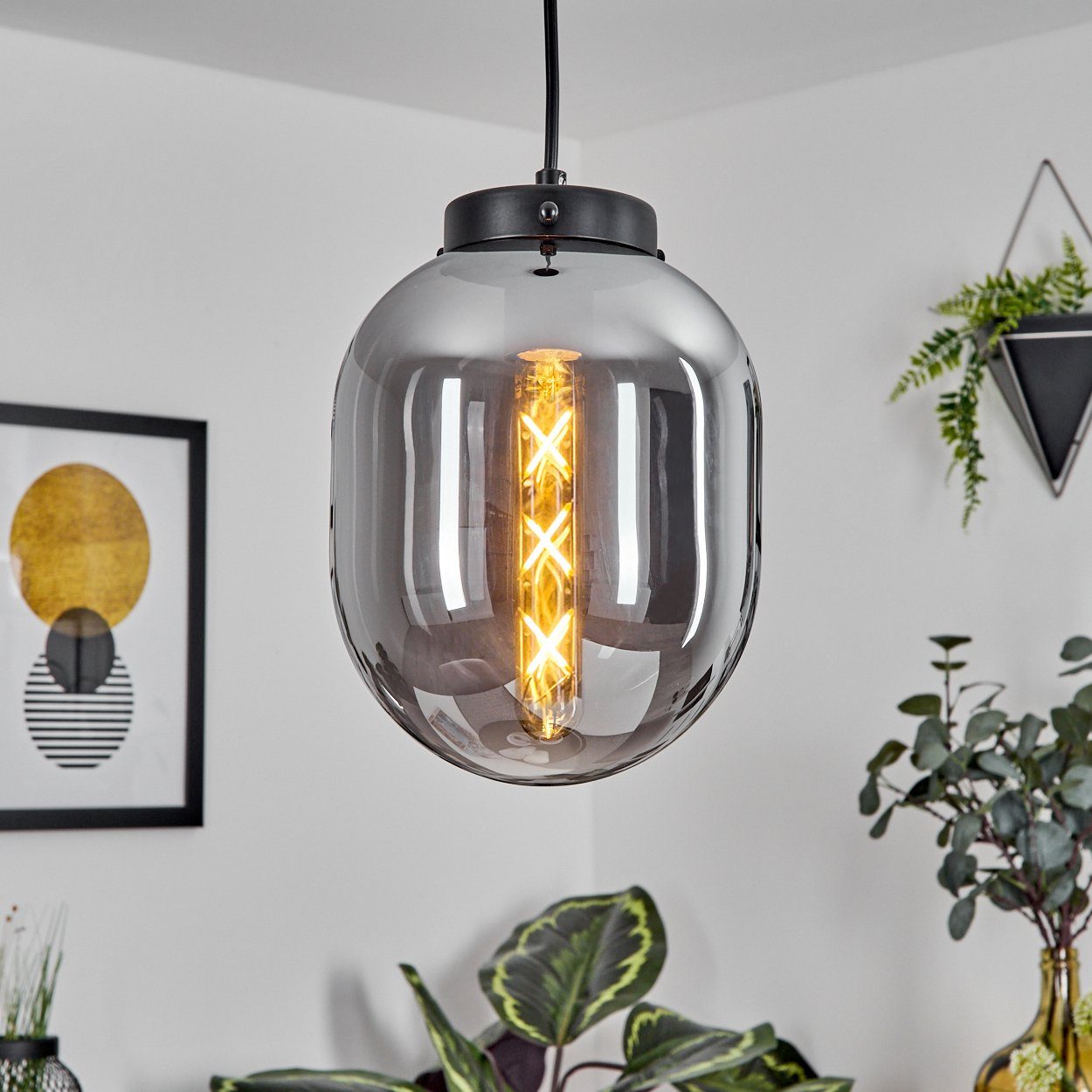 hofstein Deckenlampe mit 150cm, in Metall/Glas aus Höhe Design Leuchte ohne im Glasschirm, Hängeleuchte max. »Pietranera« 1xE27 Leuchtmittel, modernen Schwarz/Rauchfarben,