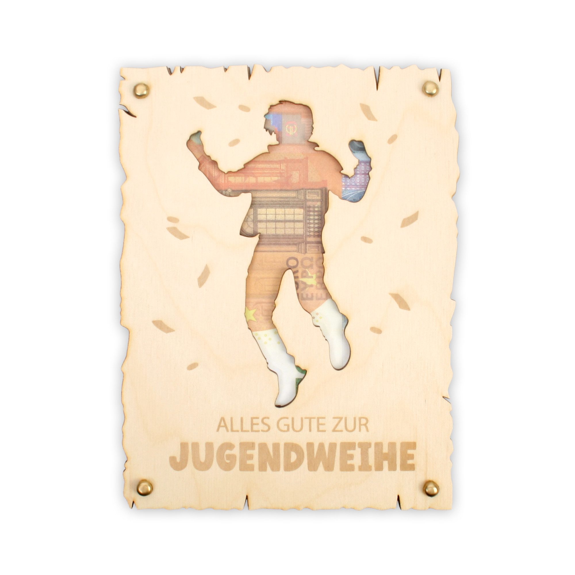 Kreative Feder Glückwunschkarte „Всіs Gute zur Jugendweihe“ - Glückwunsch-Karte aus Holz, Geschenk-Karte für Geldgeschenke; Розмір ca.: 14,6 x 19,7cm