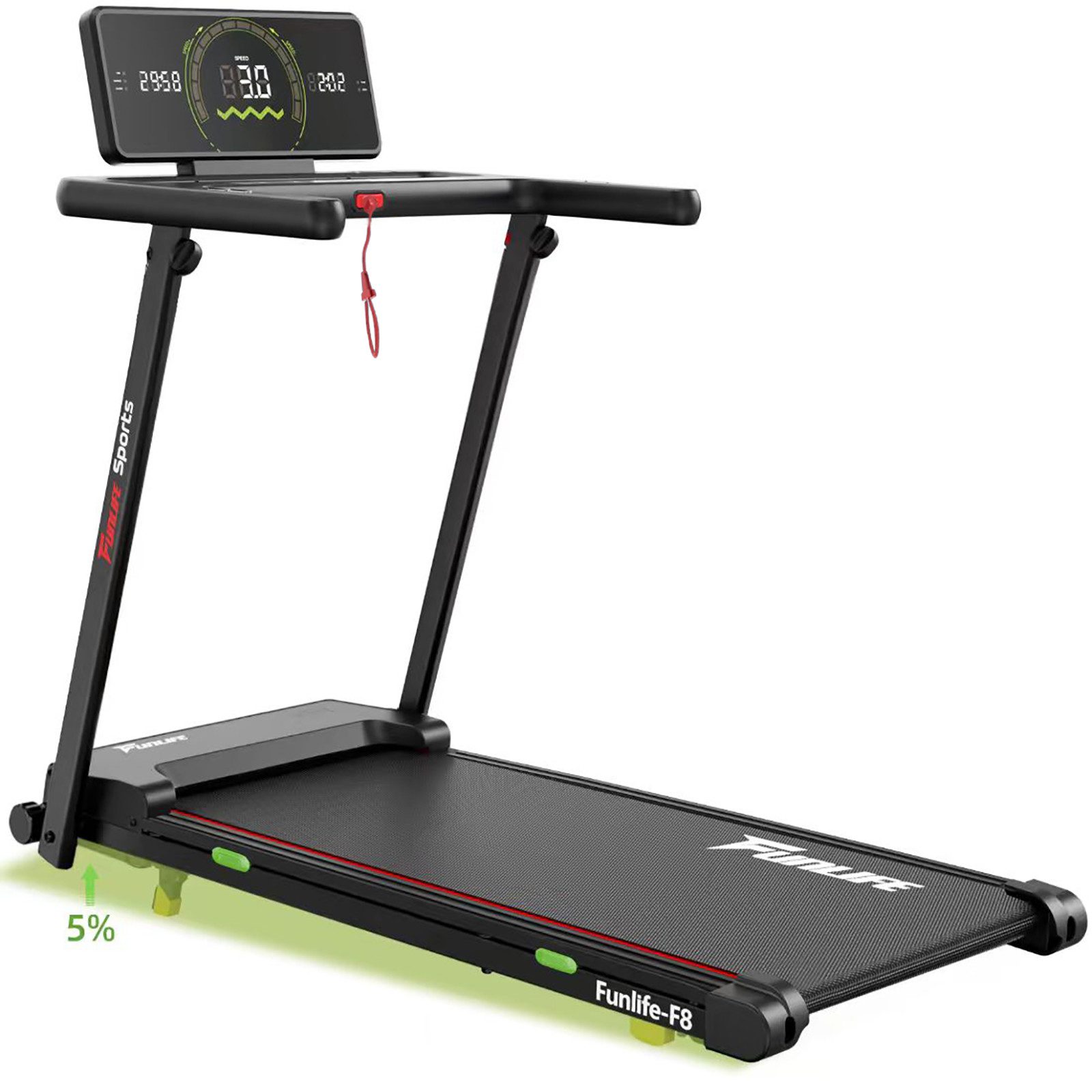 FunLife Laufband Extra breite Lauffläche & Display am Handlauf (Einzelgerät, Klappbares Laufband), 12 Programme · Herzfrequenzsensor · Klappbar