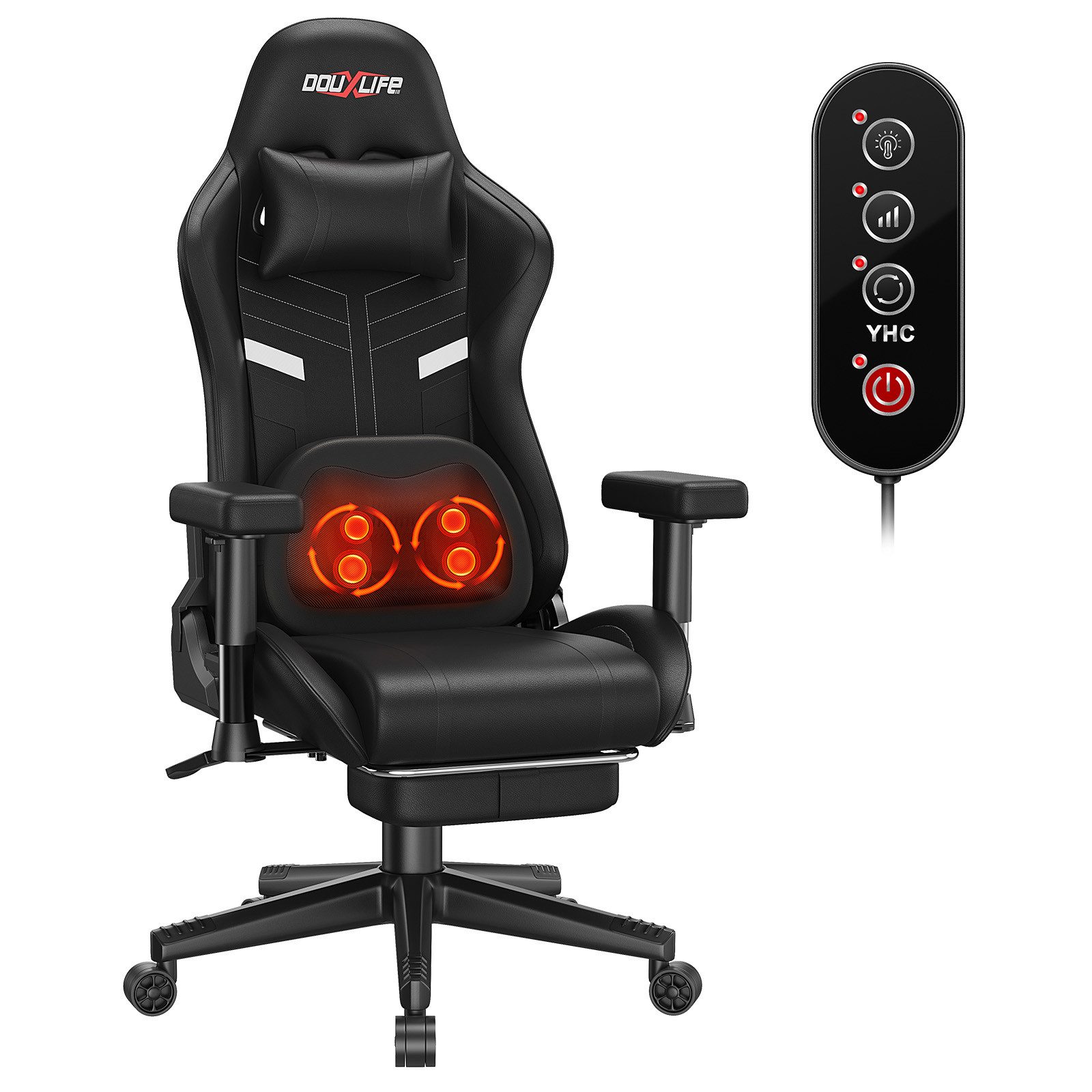 Insma Gaming-Stuhl Ergonomisch Bürostühle mit Knet-&Heizmassage, Wippfunktion bis zu 175°, Computer-Stuhl mit Lenden- & Kopfkissen, 181kg Belastbarkeit