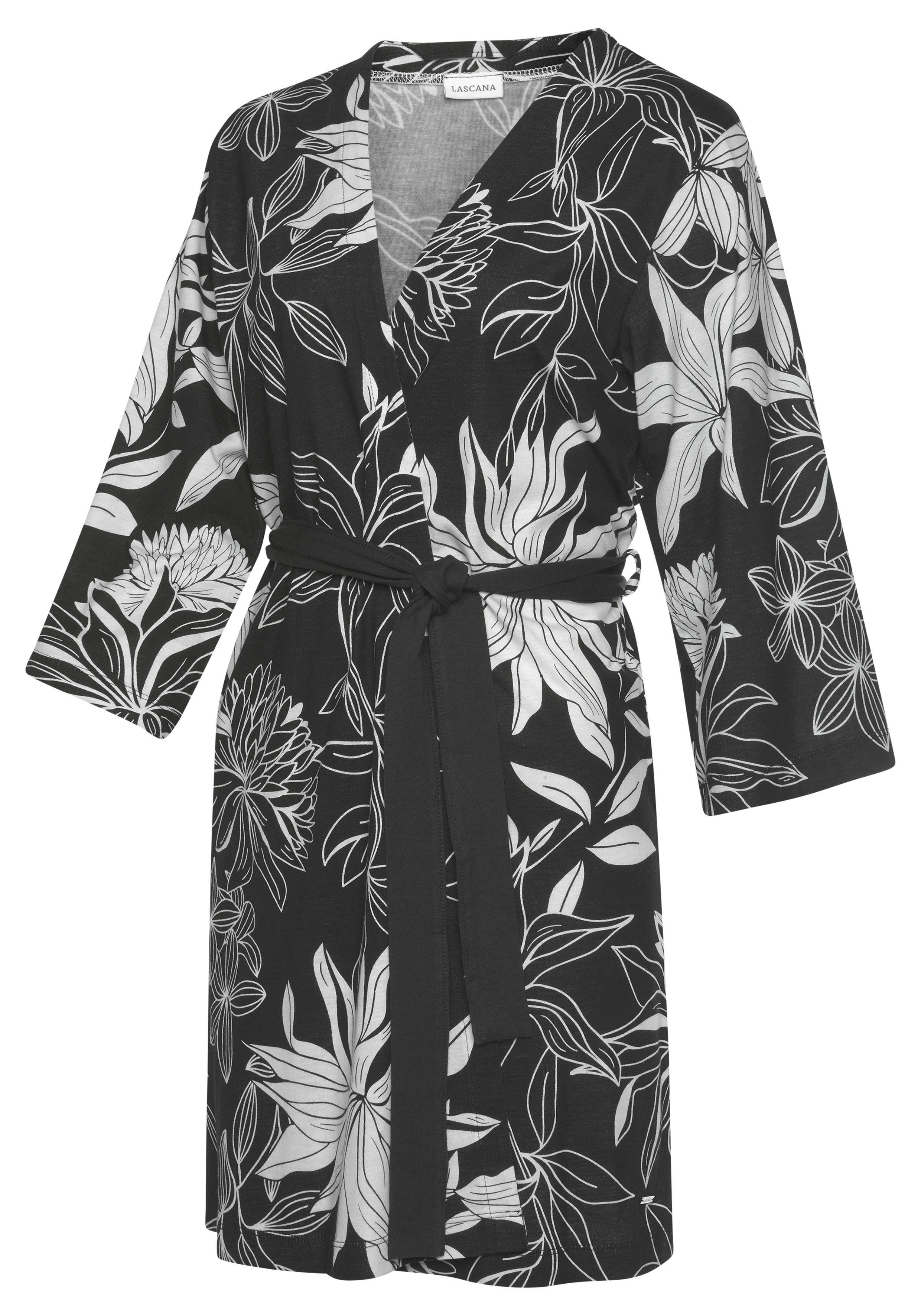 Single-Jersey, schwarz Kimono, Druck floralem Gürtel, Kurzform, mit Kimono-Kragen, LASCANA