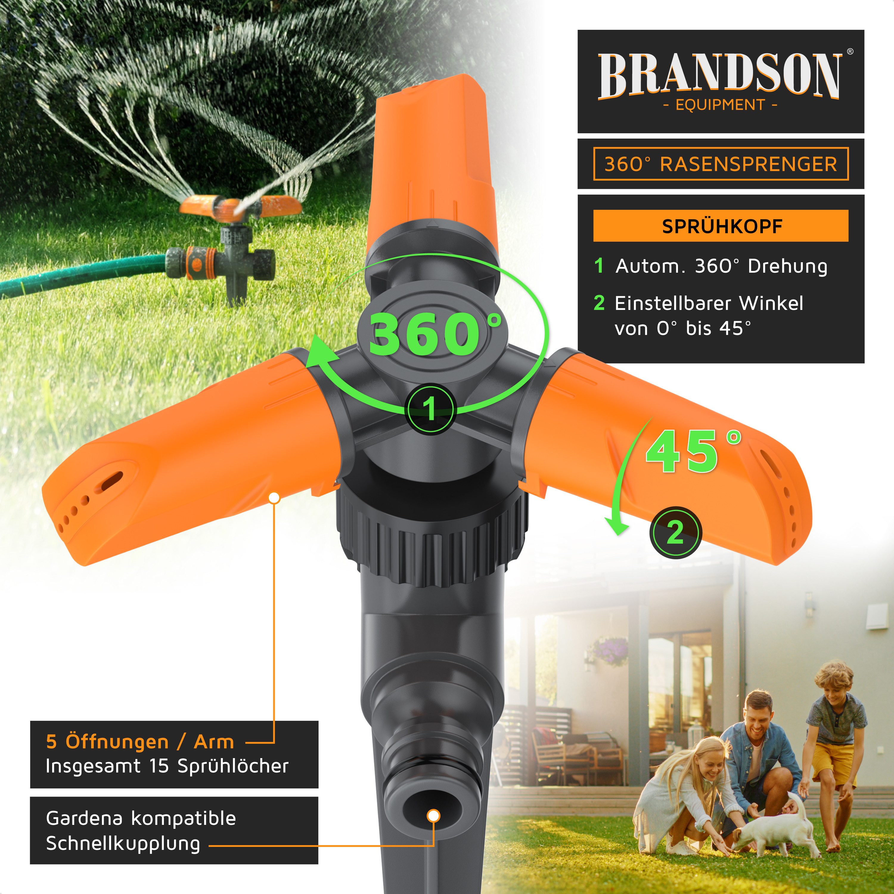 Brandson Kreisregner Garten Sprinkler, 360° Rasensprenger, 3 Arm Rasensnsprikler rotierend, für Flächen bis 80 m², 21 cm lang, (1-St), 15 Strahldüsen, 10 m Reichweite, bis 80 m² Fläche, Gardena kompatibel