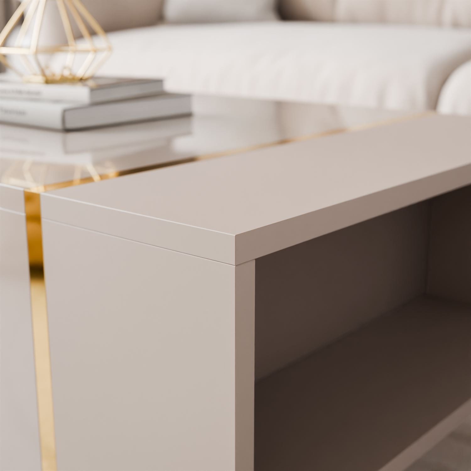 Lookway Couchtisch ONYX – Kaschmir Hochglanz mit goldenen Beinen (1x Tisch), Breite: 104 cm