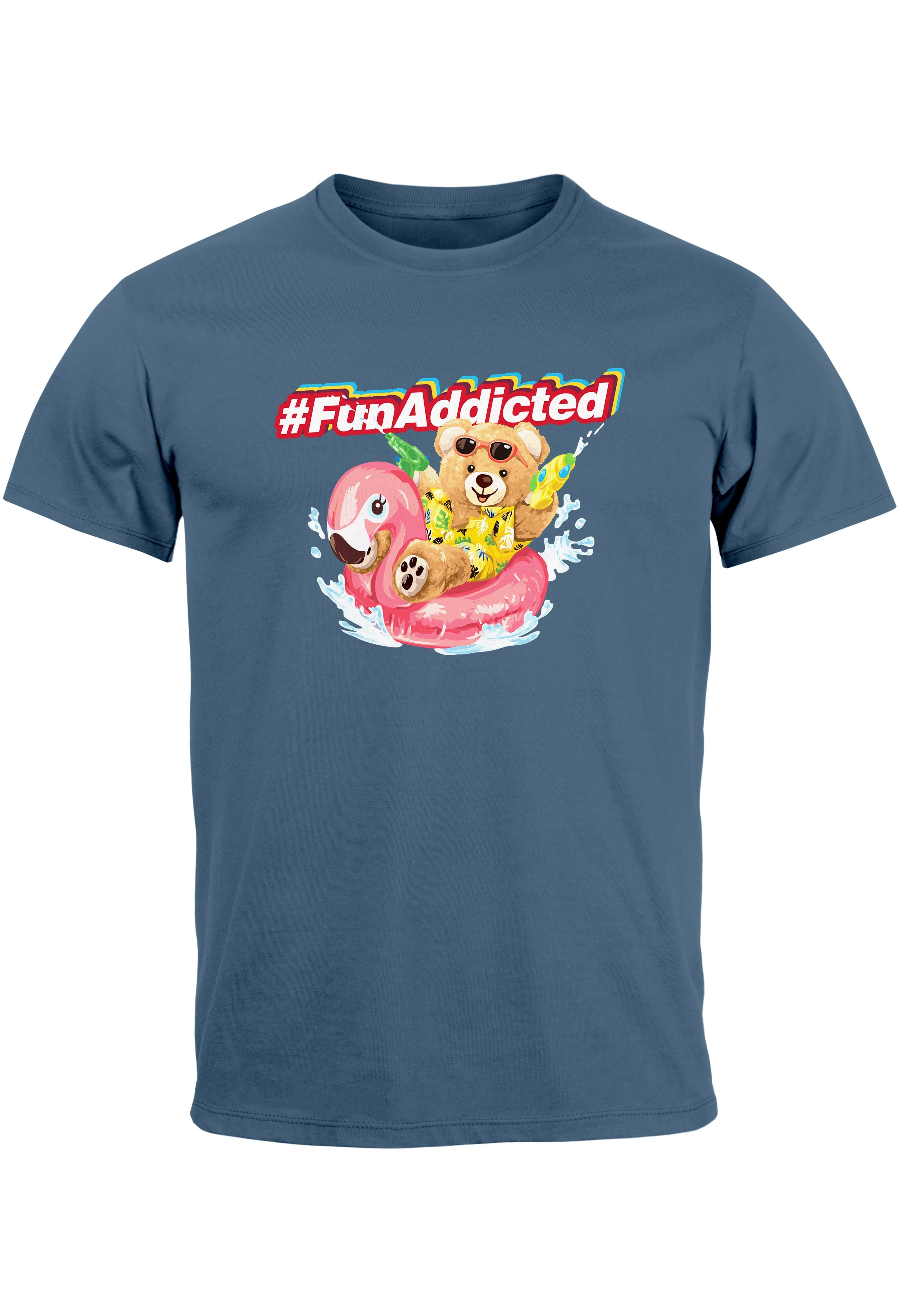 Teddy Print blue Addicted Spaß Herren Neverless mit Print-Shirt denim Schriftzug Sommer T-Shirt Fun Fashion Stree