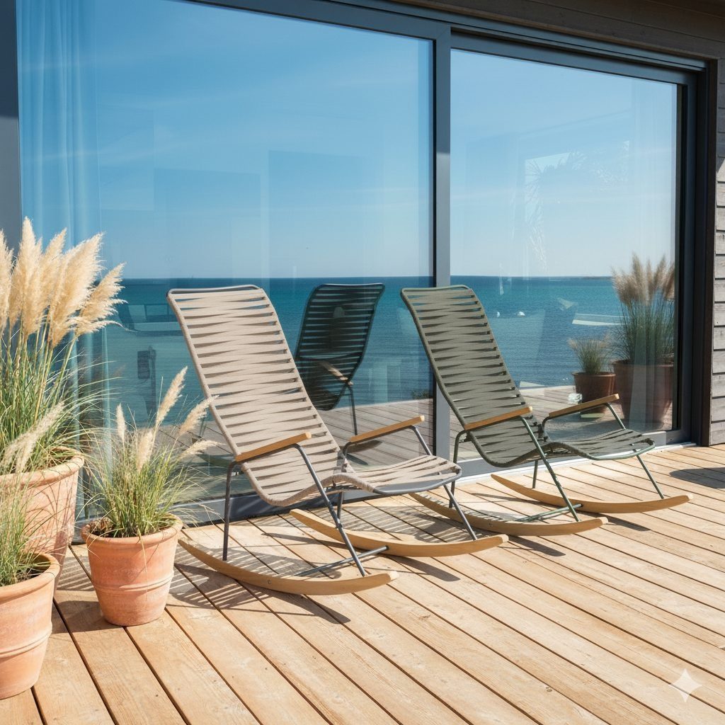 Liadomo Gartenlounge-Sessel Atina Schaukelstuhl, Schaukelsessel für Balkon, Garten, Terrasse (Outdoor-Sessel), Teakholz-Armlehnen & -Kufen, Rope mit Edelstahl-Gestell