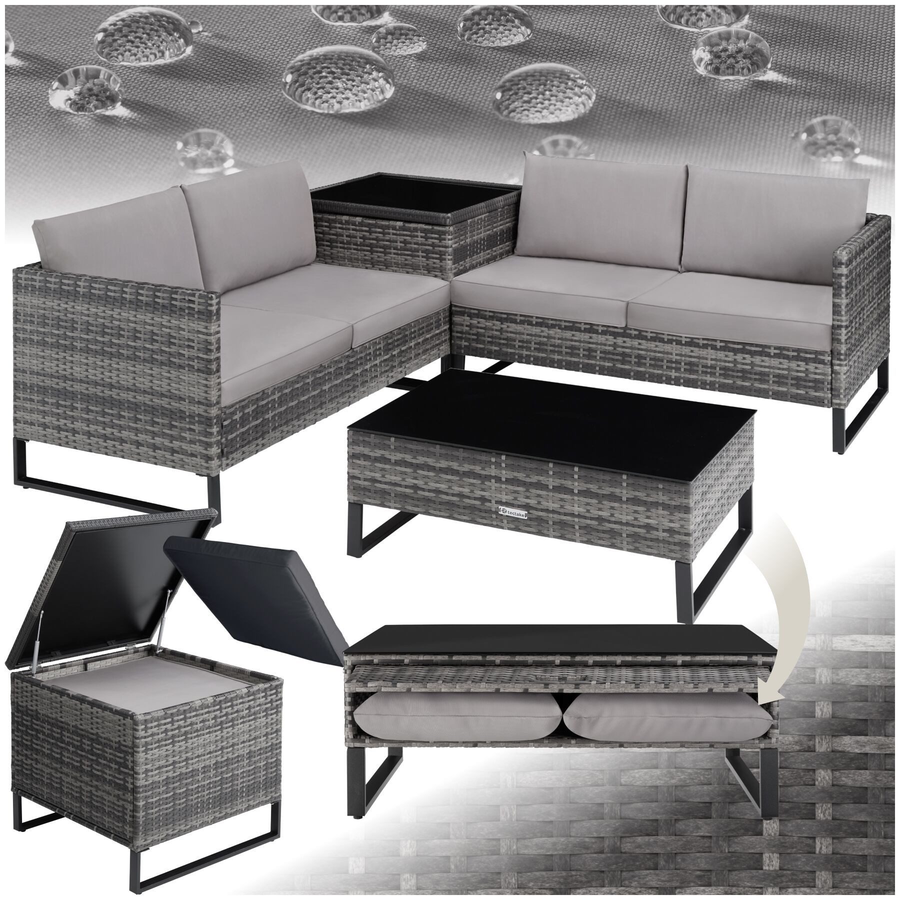 tectake Loungeset Rattan Sitzgruppe inkl. großer Aufbewahrungsbox, für 4 Personen, (Gartenlounge-set Ostuni, 4-tlg., geeignet für Outdoor in Grau), widerstandsfähig und UV-beständig, Dicke der Polster 9 cm
