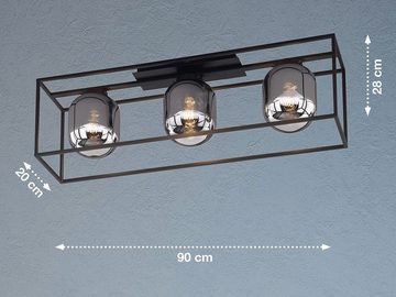 meineWunschleuchte LED Deckenleuchte, LED wechselbar, Warmweiß, dreiflammig groß Industriedesign Schwarz 90cm lang Rauch-Glas Kugel