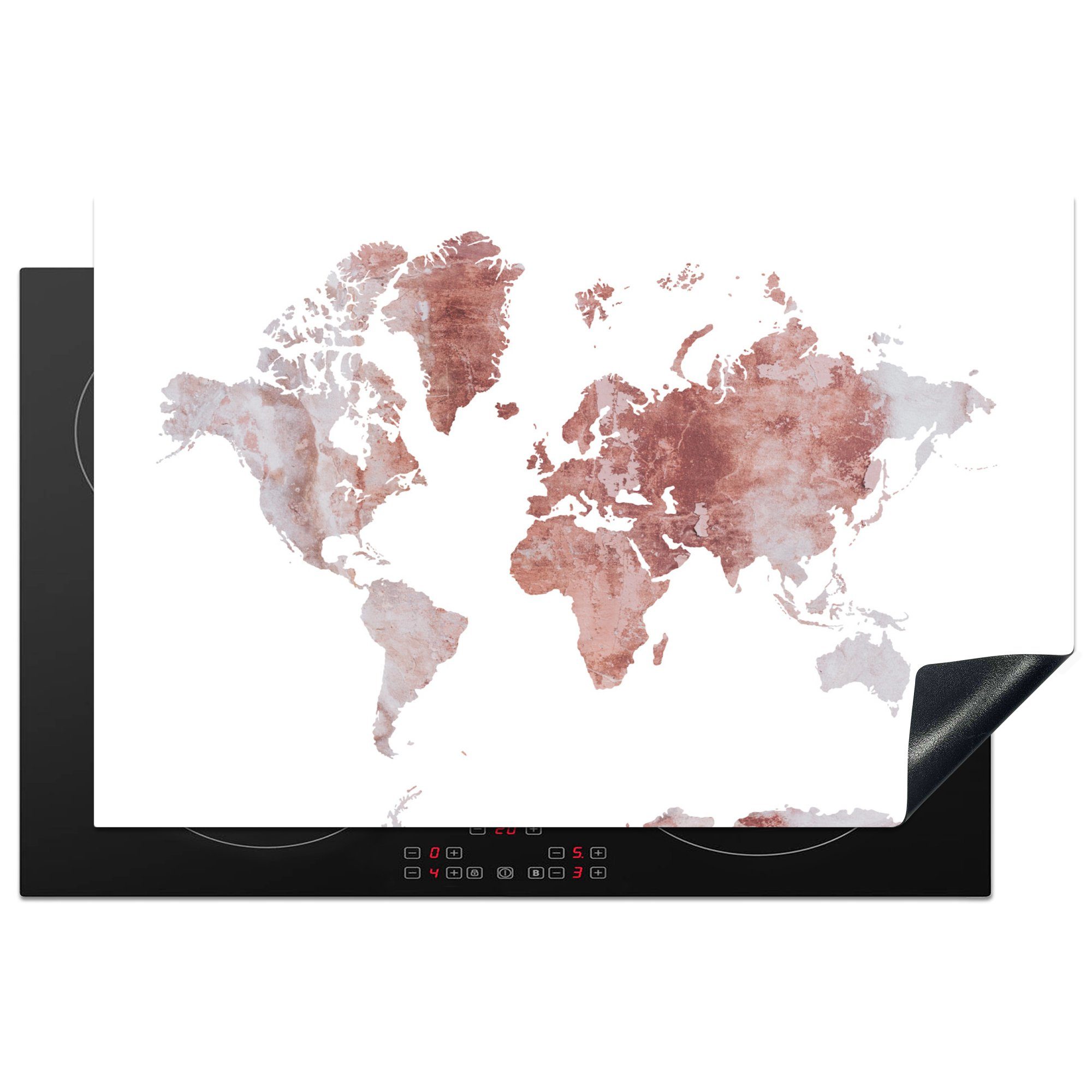 MuchoWow Herdblende-/Abdeckplatte Weltkarte - Marmor - Rot, Vinyl, (1 tlg), 81x52 cm, Induktionskochfeld Schutz für die küche, Ceranfeldabdeckung