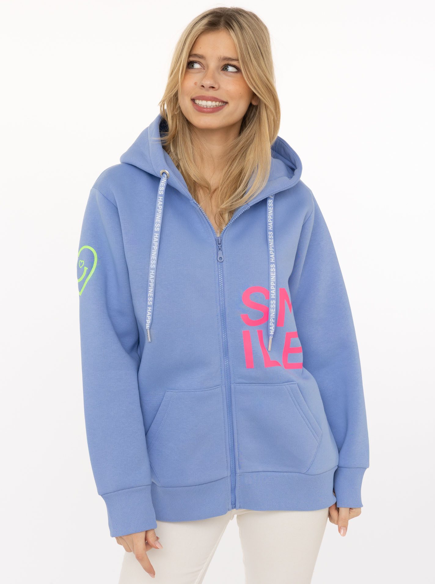Zwillingsherz Kapuzensweatjacke "Alissa" mit SMILE, gesticktem Herz am Arm und Reißverschluss