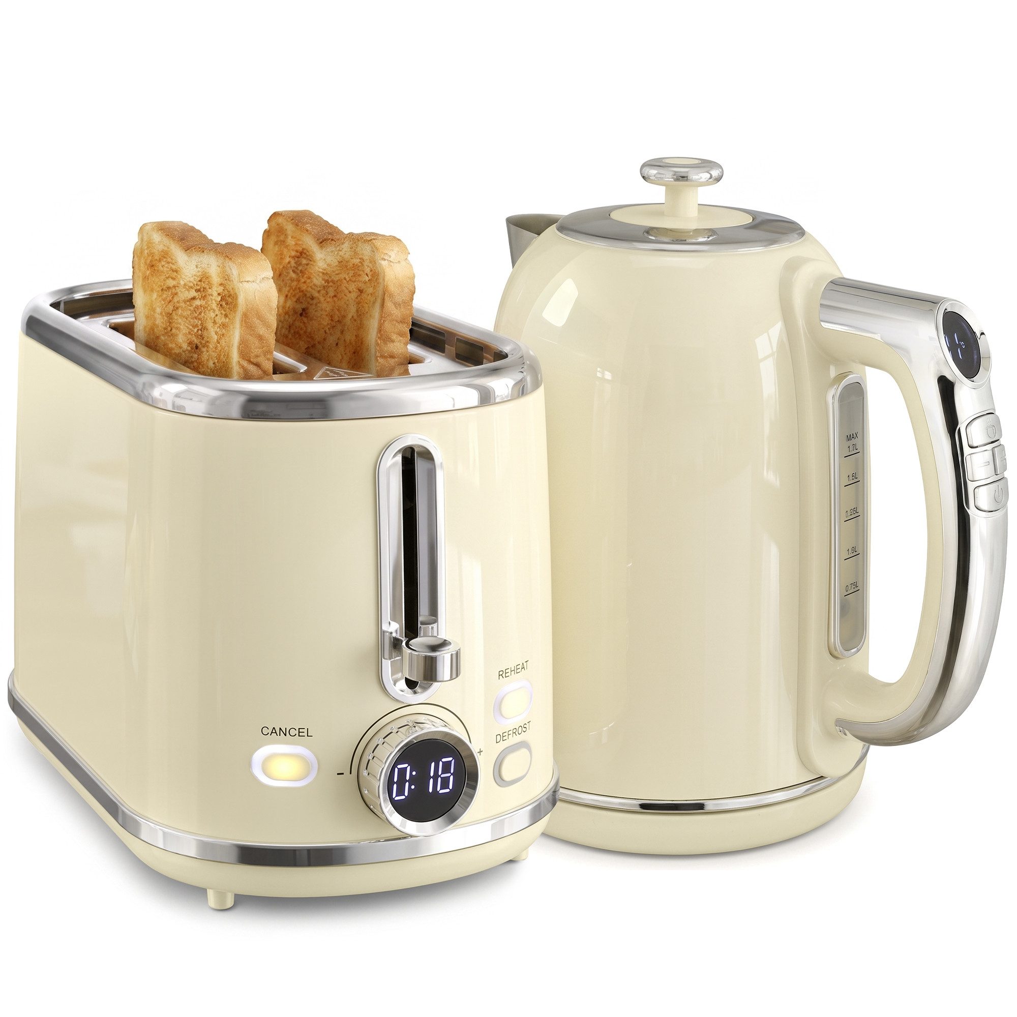 Fyrove Wasserkocher - & Toaster-Set, 1,7L, LED-Display, 40-100°C, 3h Warmhaltefunktion, 6 Bräunungsstufen, Creme
