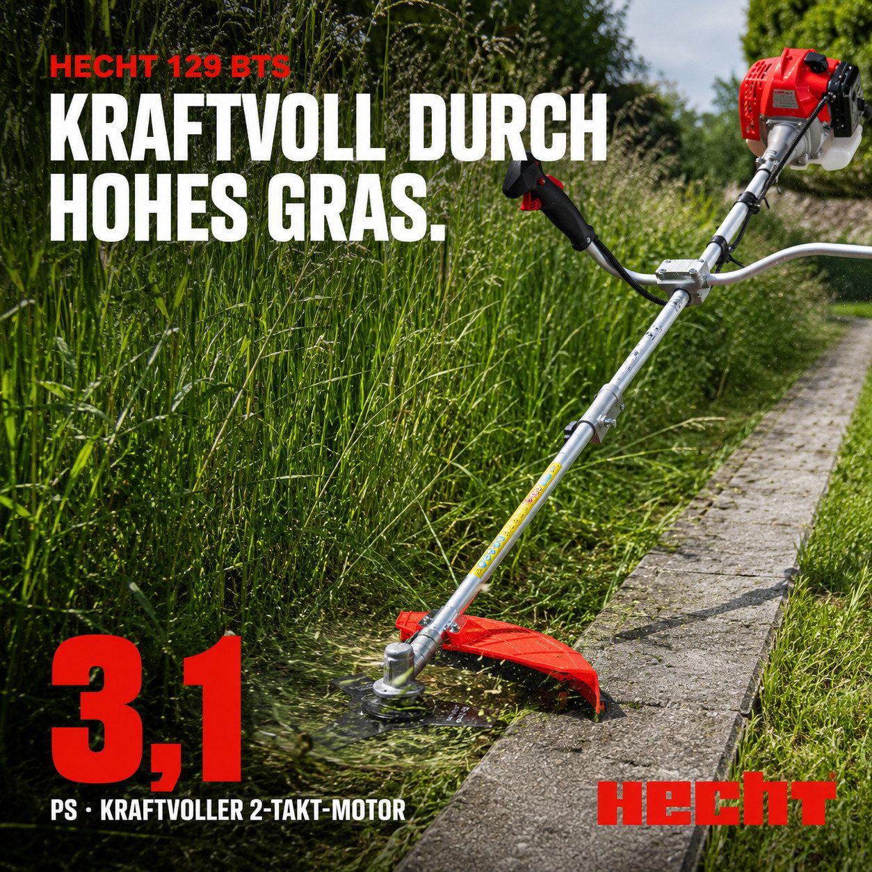 Hecht Benzin-Freischneider Motorsense 129 BTS mit Tragegurt, 25,5 cm Arbeitsbreite Messer, 43 cm Arbeitsbreite Faden, 1,1 PS
