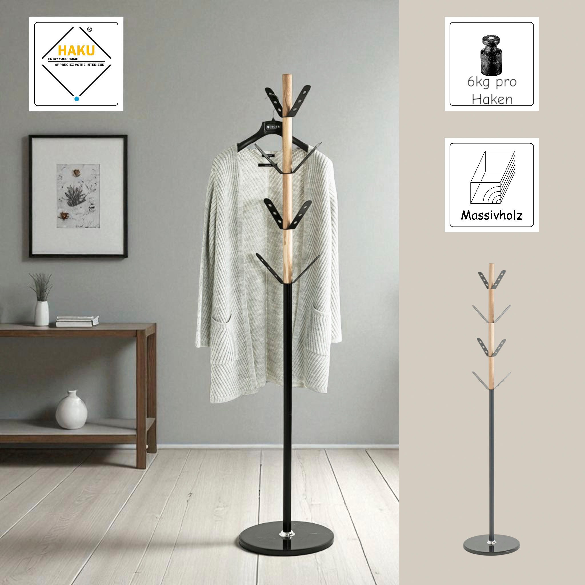 HAKU Garderobenständer Kleiderständer, Standgarderobe, Garderobenständer rund aus Metall - Ø/H 37/179 cm