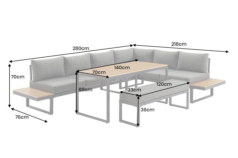 riess-ambiente Sitzgruppe IBIZA GRAND 280cm greige - Aluminium, mit Sitzpolstern, wetterfest, (Set, 3-tlg., Sitzecke, Bank, Tisch, 7x Sitzkissen, 7x Rückenkissen), Outdoorlounge inkl Kissen & Tisch - ideal f. Terrasse, Balkon & Garten