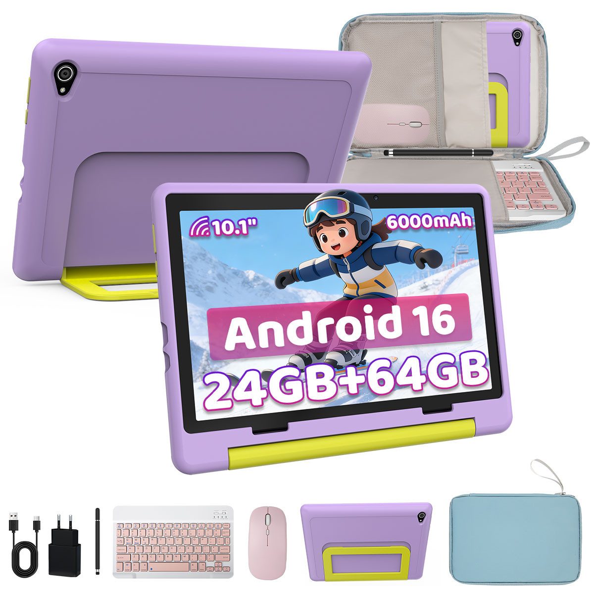 BUFO 10'' Android 64GB 1280x800 HD IPS WiFi 6 Lern Kinder Tablet (10", 64 GB, Android 16, 5G WiFi, Elterliche Kontrolle, mit Tastatur, Stift, Maus und Tasche)