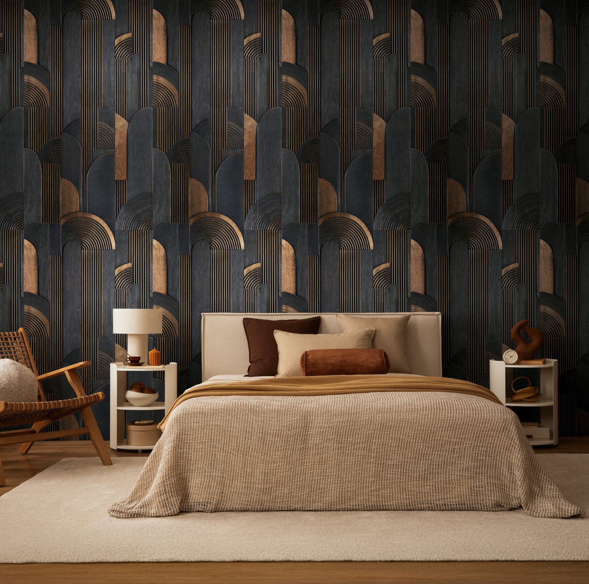 living walls Vliestapete Vibes & Styles Aurelio – Deco Layers Fototapete, leicht strukturiert, abstrakt, (1 St), Geometrisches Art-Déco Design mit Linien und stilvollem Tiefeneffekt