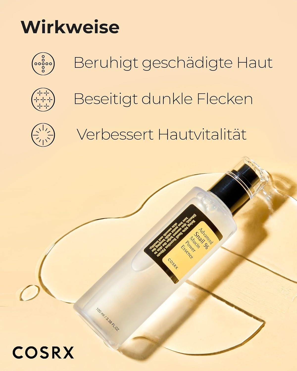 Cosrx Gesichtsserum Advanced Snail Power Essence 96 %, Korean Skincare - 100 ml, ideal als Teil der täglichen Hautpflegeroutine, Intensiv regenerierend, feuchtigkeitsspendend, beruhigend
