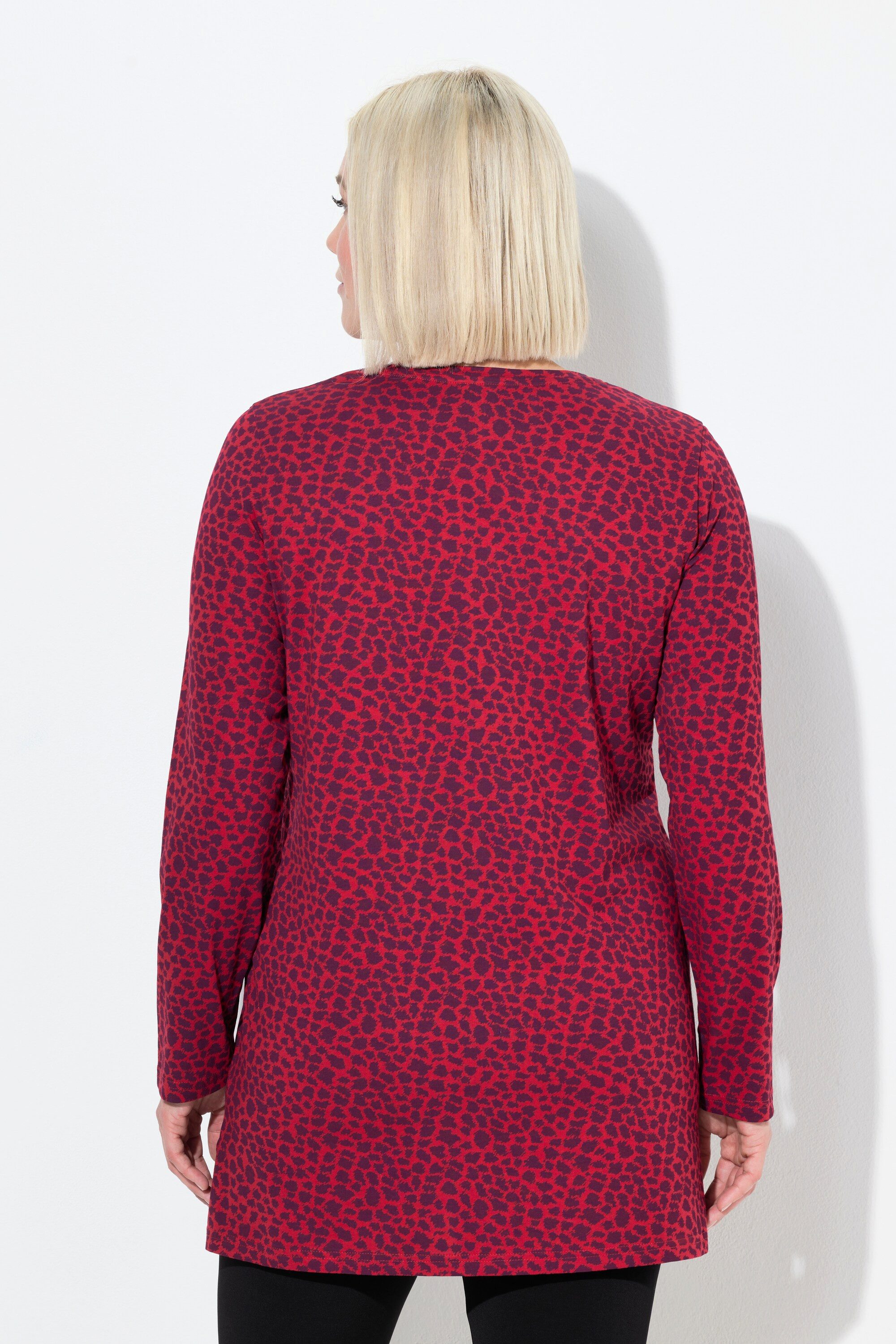Ulla Popken Longshirt Longshirt Leomuster V-Ausschnitt Zierbänder