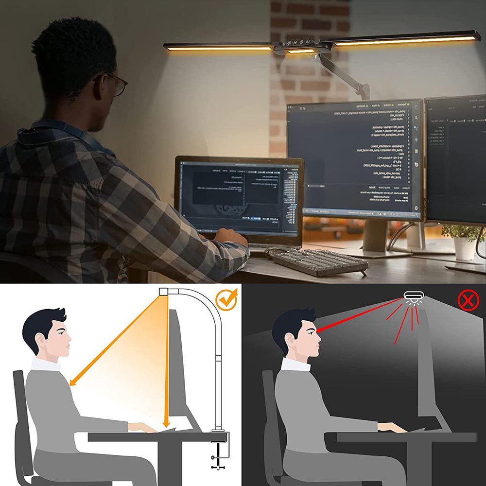 Sunicol Schreibtischlampe LED Dimmbar Klemmbar 24W 95CM, 5 Farbmodi, Doppelkopf Tischlampe, Automatische Dimmung Tischlampe für Homeoffice Büro – Bild 5 von 5