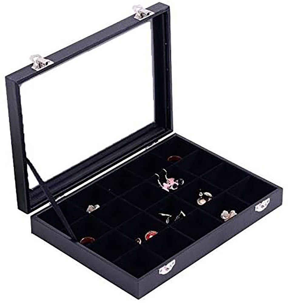 Sinoba Schmuckkasten Schmucklade Schmuckkästchen Schmuckbox für Ringe Ketten Ohrringe, Holz-Korpus, Velours-Bezug, mit Echtglas-Deckel