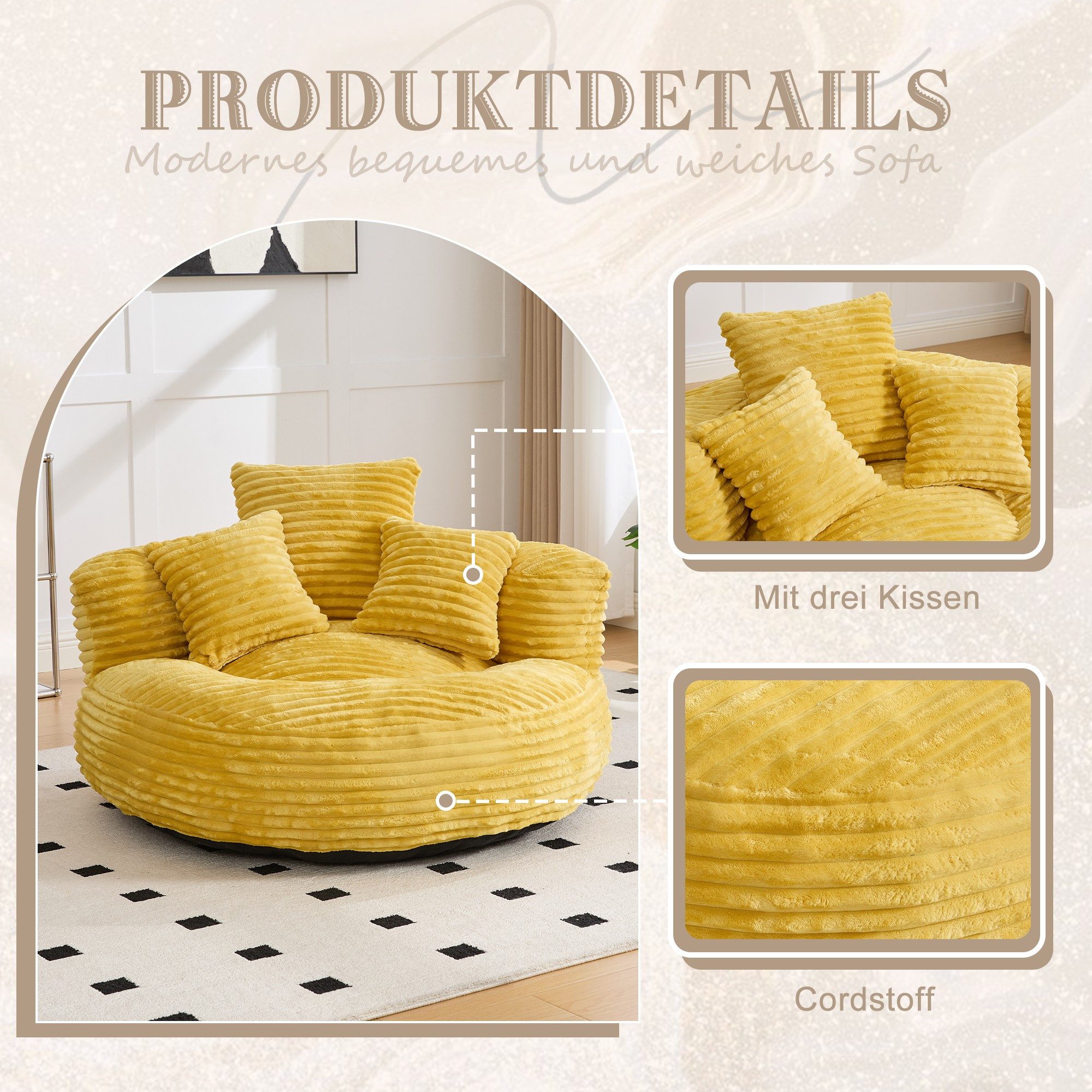 BlingBin Sitzsack Cordstoff-Sofa, Lazy Sofa (Sofa, 1 St., 108 x 108 x 52 cm), Mit drei Kissen, für Erwachsene und Kinder gleichermaßen geeignet