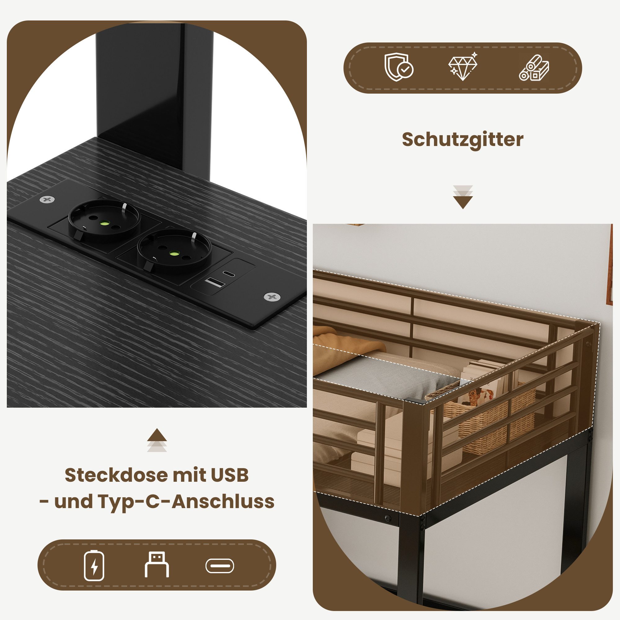 i@home Hochbett Zwei Schlafplätze Hochbett Eisenrahmen (Packung Set) mit USB- und Type-C-Schnittstelle EN747 zertifiziert Ohne Matratze