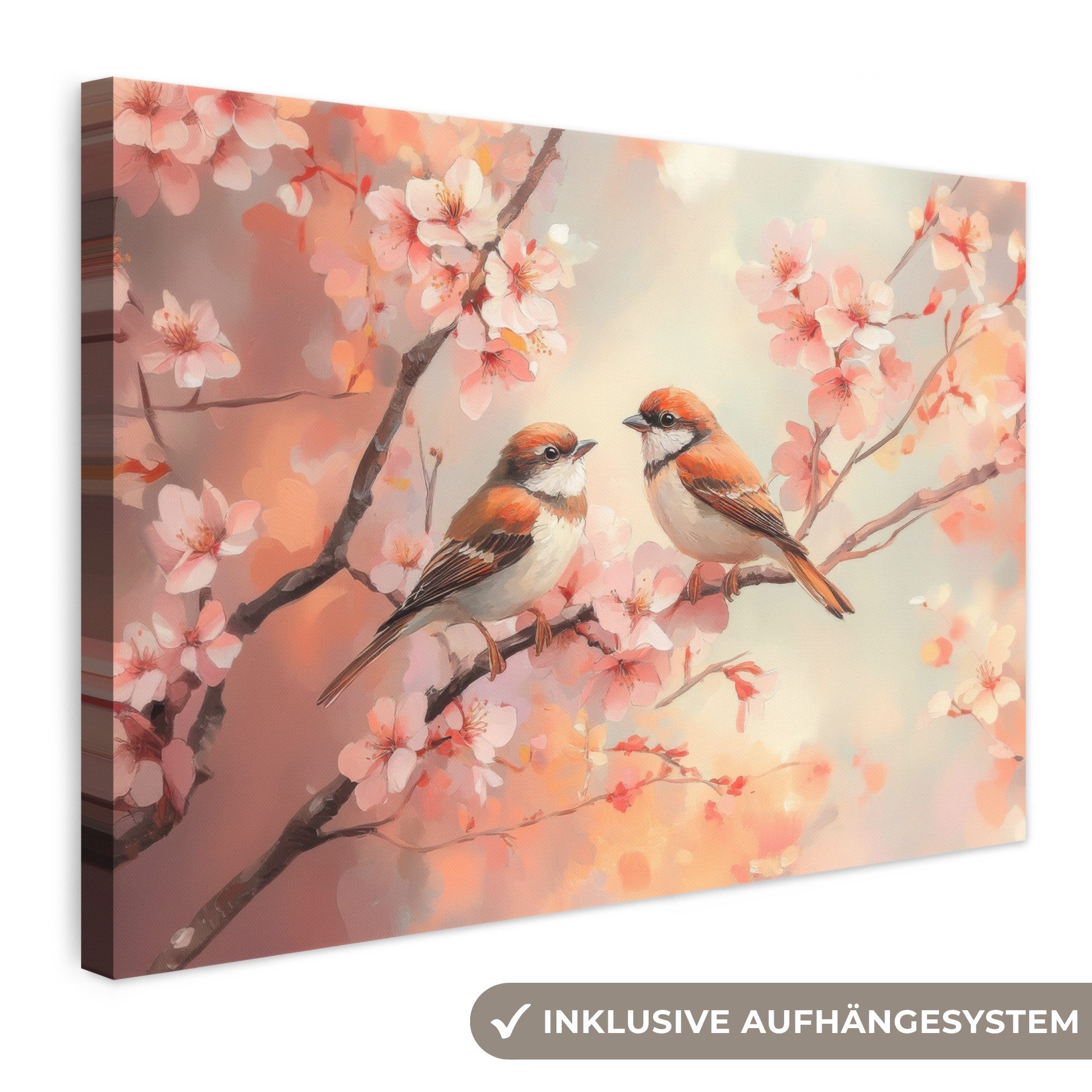 OneMillionCanvasses® Leinwandbild Vögel - Romantisch - Blühende Zweige, Fotodruck (1 St), Leinwand Bilder Klein, Wand Dekoration Aesthetic 30x20 cm