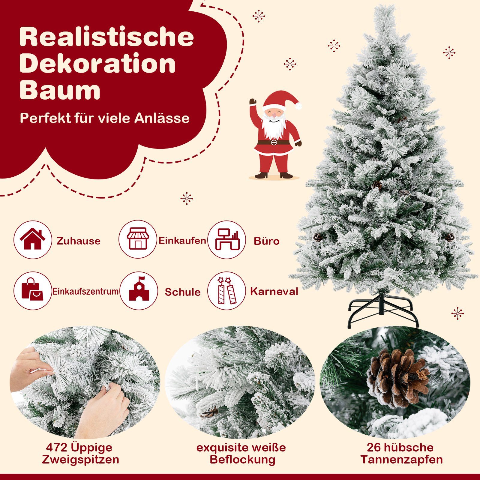 COSTWAY Künstlicher Weihnachtsbaum, mit Schnee, 8 Lichtmodi, 472 Zweigspitzen