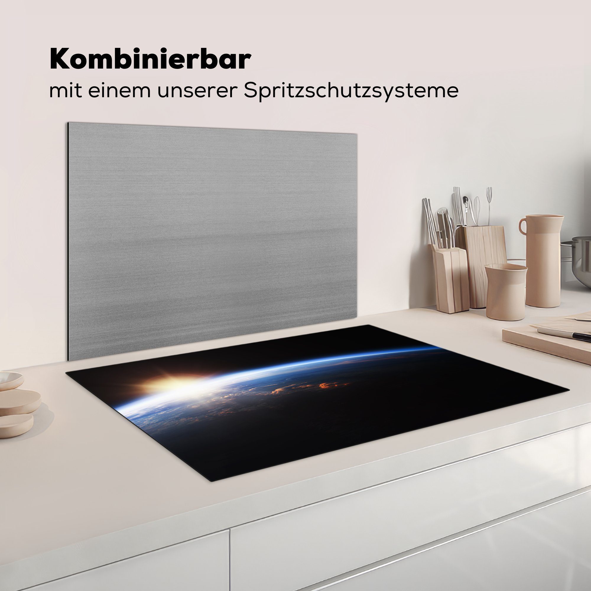 Schutz Planeten Erde, (1 tlg), Vinyl, cm, MuchoWow Sonnenaufgang Ceranfeldabdeckung Herdblende-/Abdeckplatte küche, Induktionskochfeld Der die dem für 81x52 über