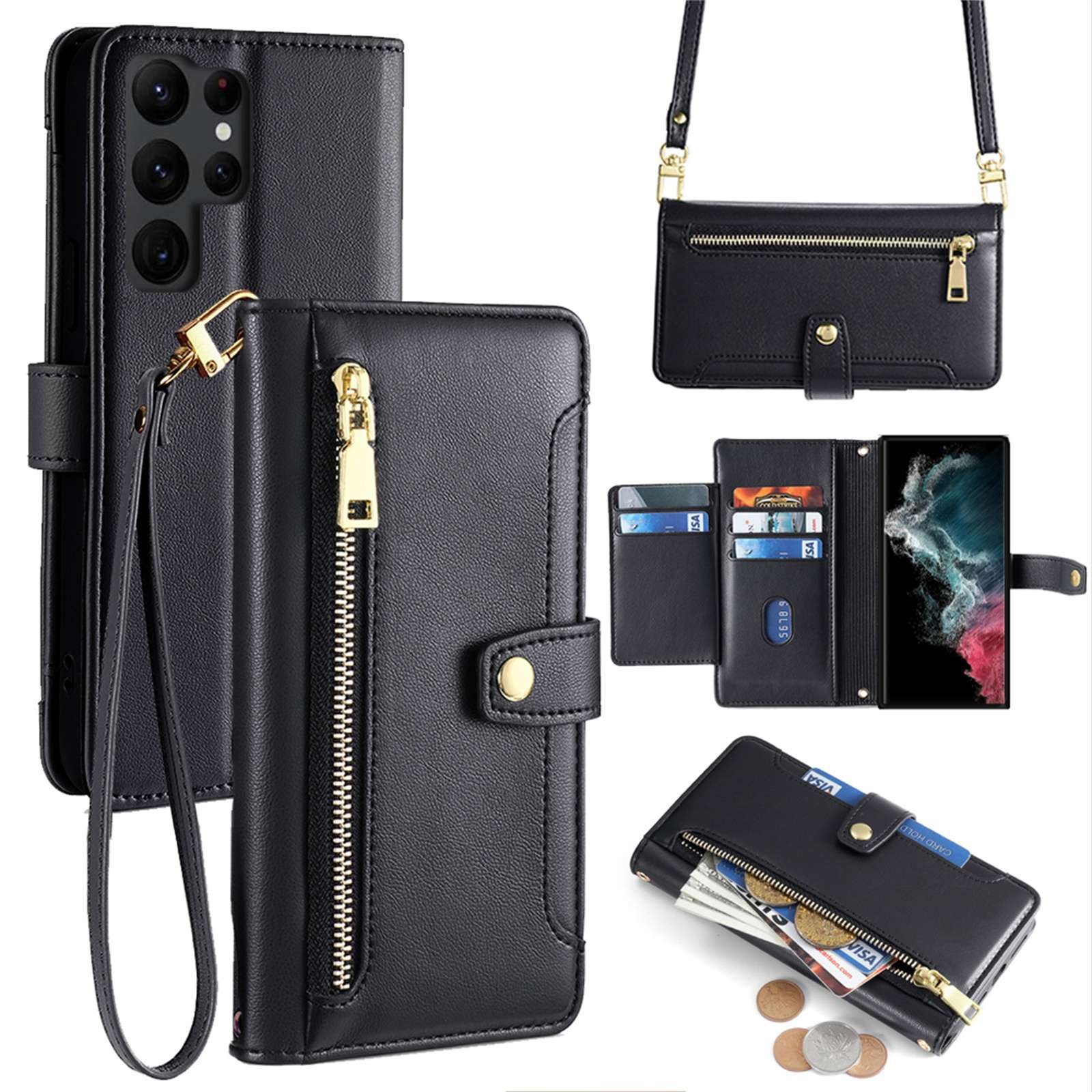 betterfon Handykette für Samsung Galaxy Leder Umhänge Hülle mit Kartenfächer, Hände frei – mit Silikonhülle & Schnur für flexiblen Alltag