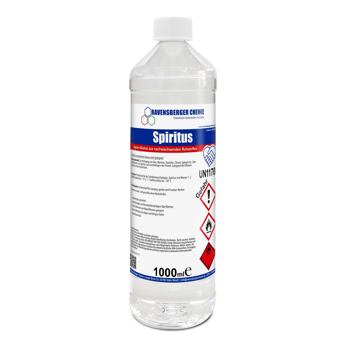 Ravensberger Chemie Brennspiritus Spiritus 1 Liter, 1 l, (1L Flasche von Ravensberger Chemie), Spiritus 1L – Brennspiritus & Reiniger für Haushalt und Werkstatt