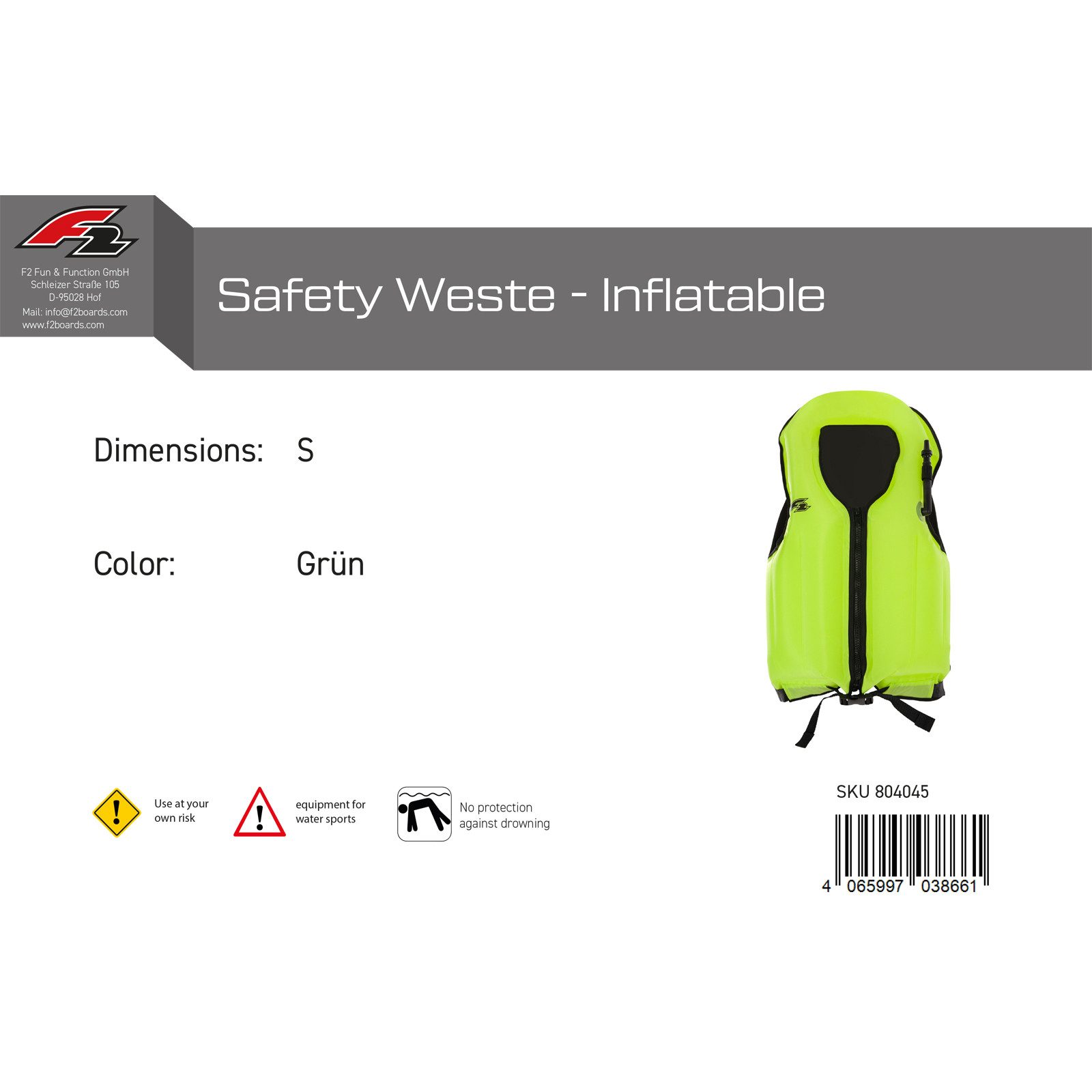 F2 Schwimmweste F2 Auftriebsweste Safety Weste - Inflatable S Grün 2024/25
