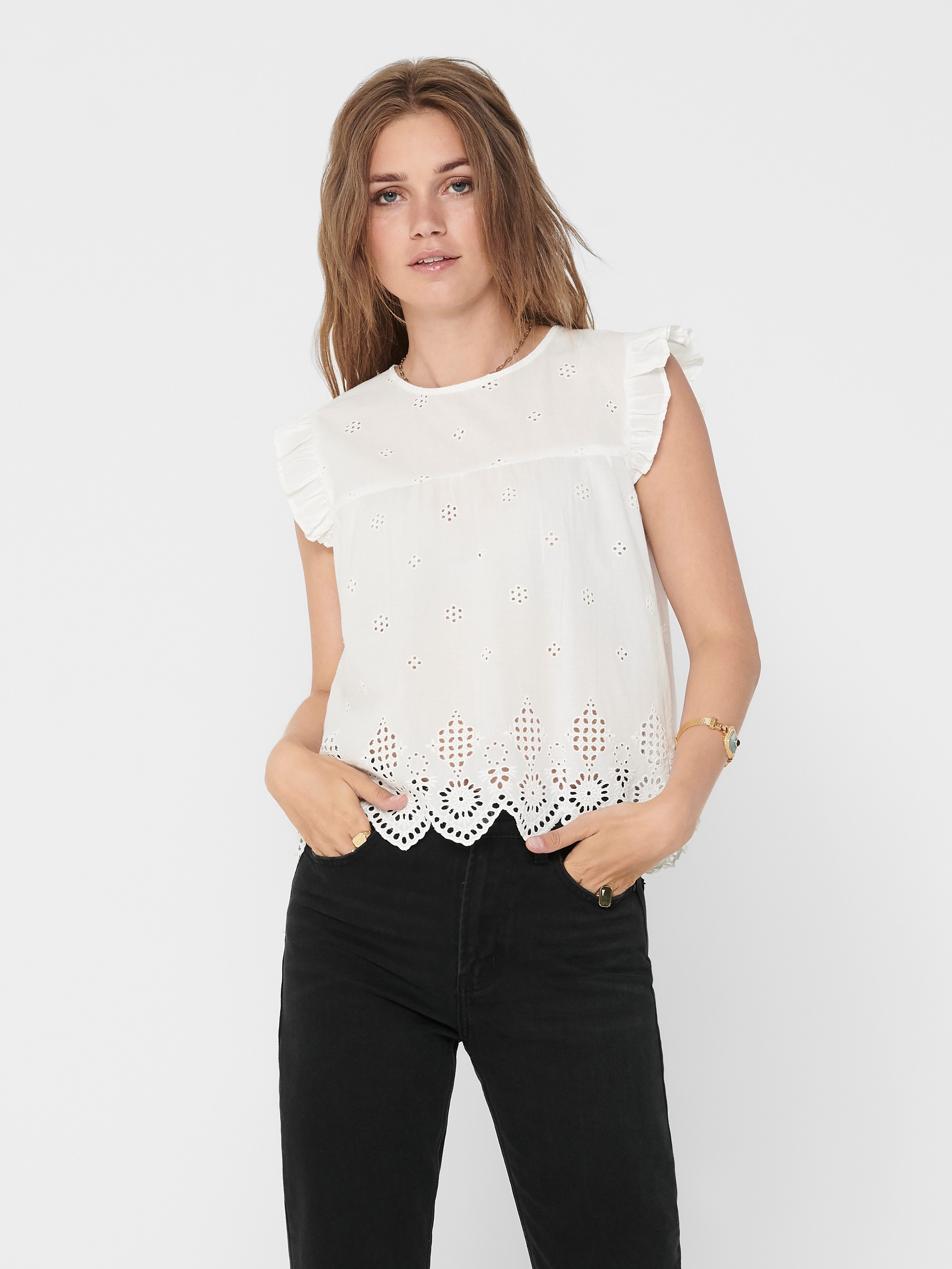 ONLY Rüschentop ONLSILLA LIFE S/L FRILL TOP WVN NOOS Baumwolle, regular fit, Rundhals