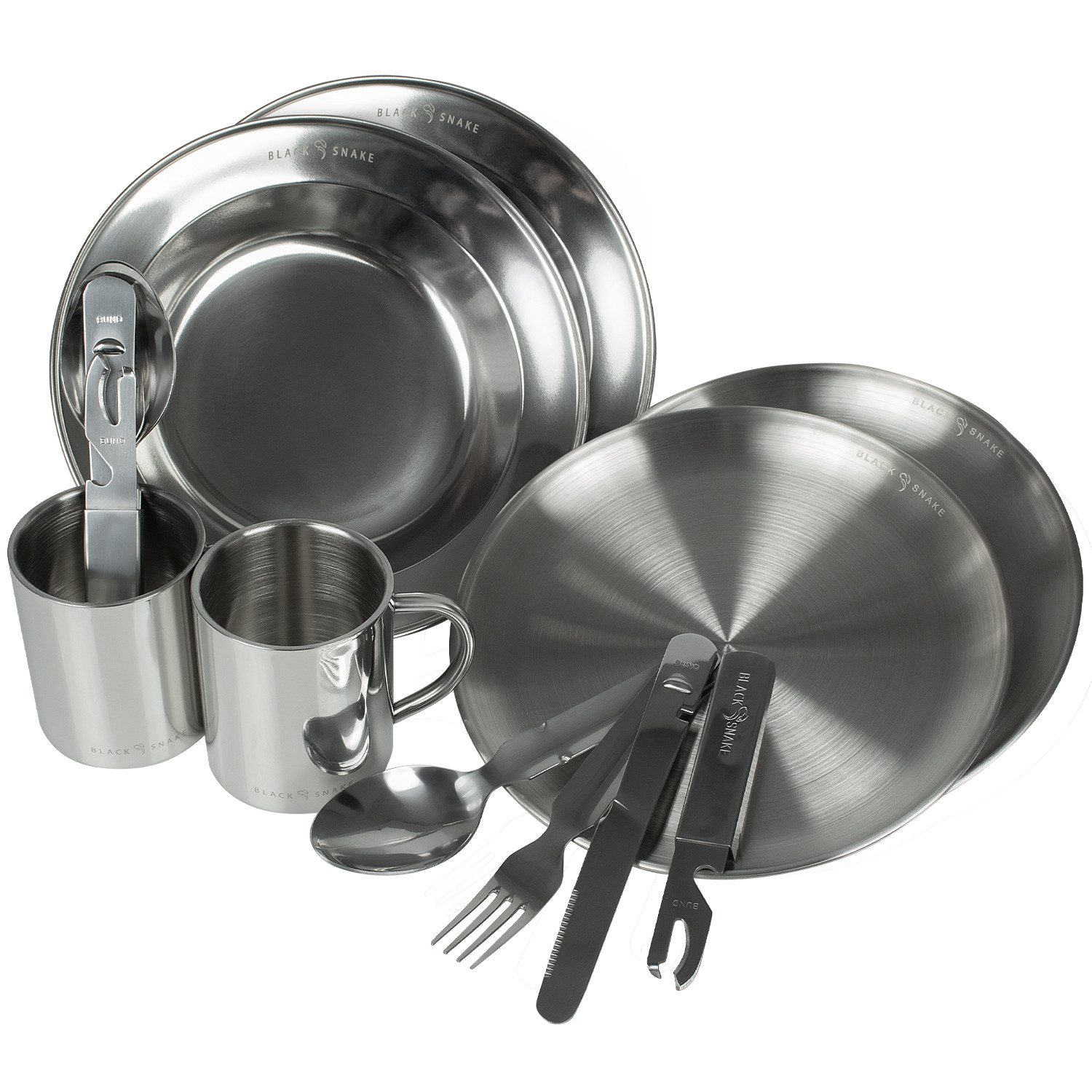 Black Snake Geschirr-Set Camping Geschirr Set Edelstahl mit Teller, Tasse und Besteck (8-tlg), 2 Personen, Edelstahl, Edelstahl Campinggeschirr mit Teller, Tasse und Besteck