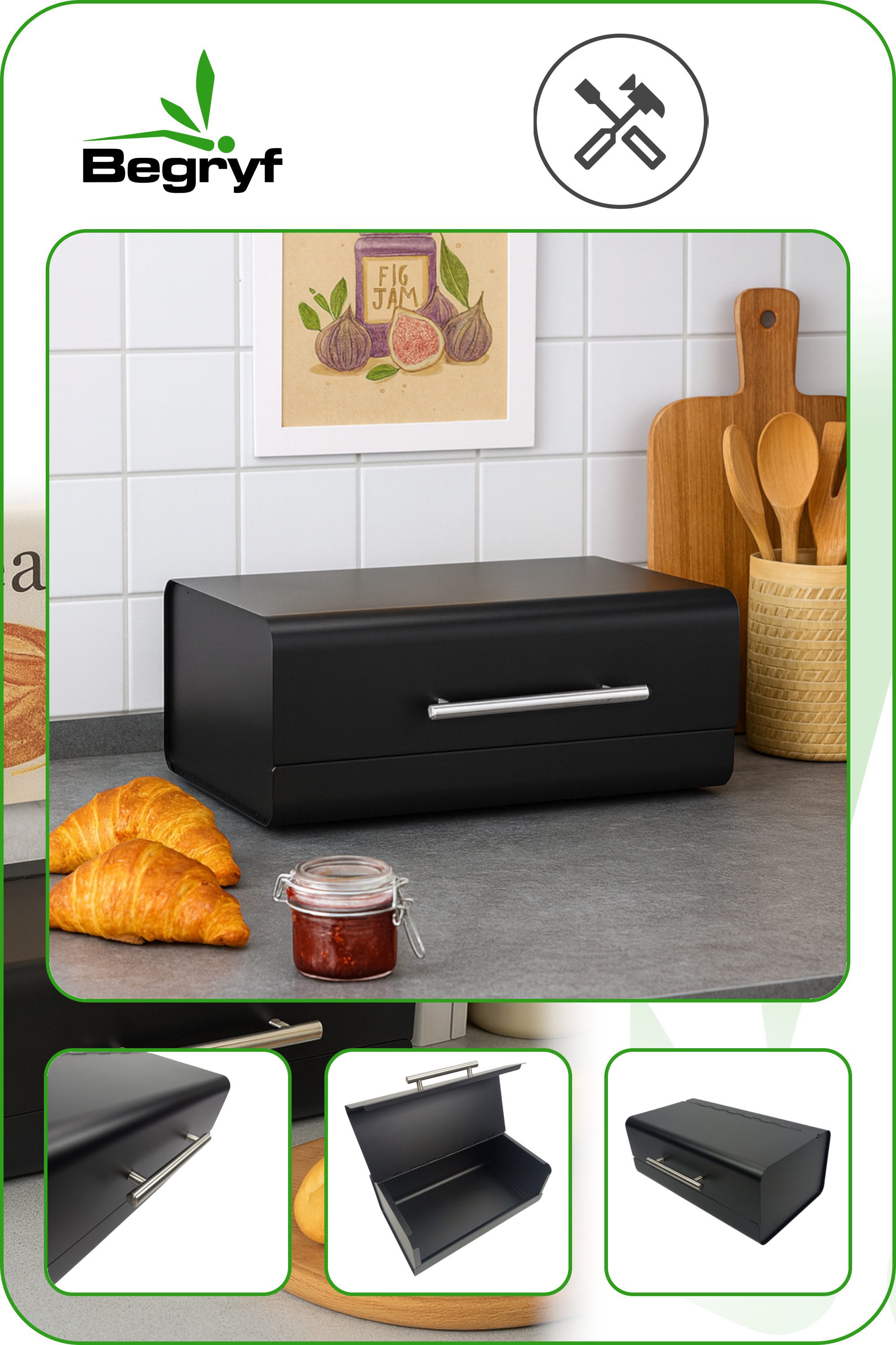 BEGRYF Brotkasten Brotkasten Schwarz mit Klappdeckel 36 x 20,5 x 14,5 cm, metal, Klappdeckel und kompakte Bauweise – Bild 2 von 5