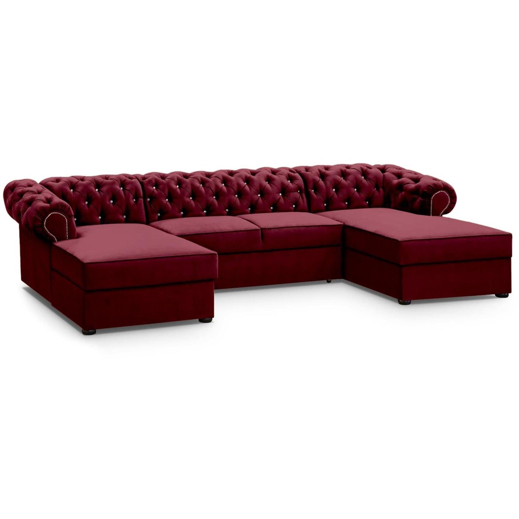 Beautysofa Ecksofa Chesterfield Chester, Ecksofa 02) Schlaffunktion U-Form (kronos Bettkasten, Kastanienrot Stil und