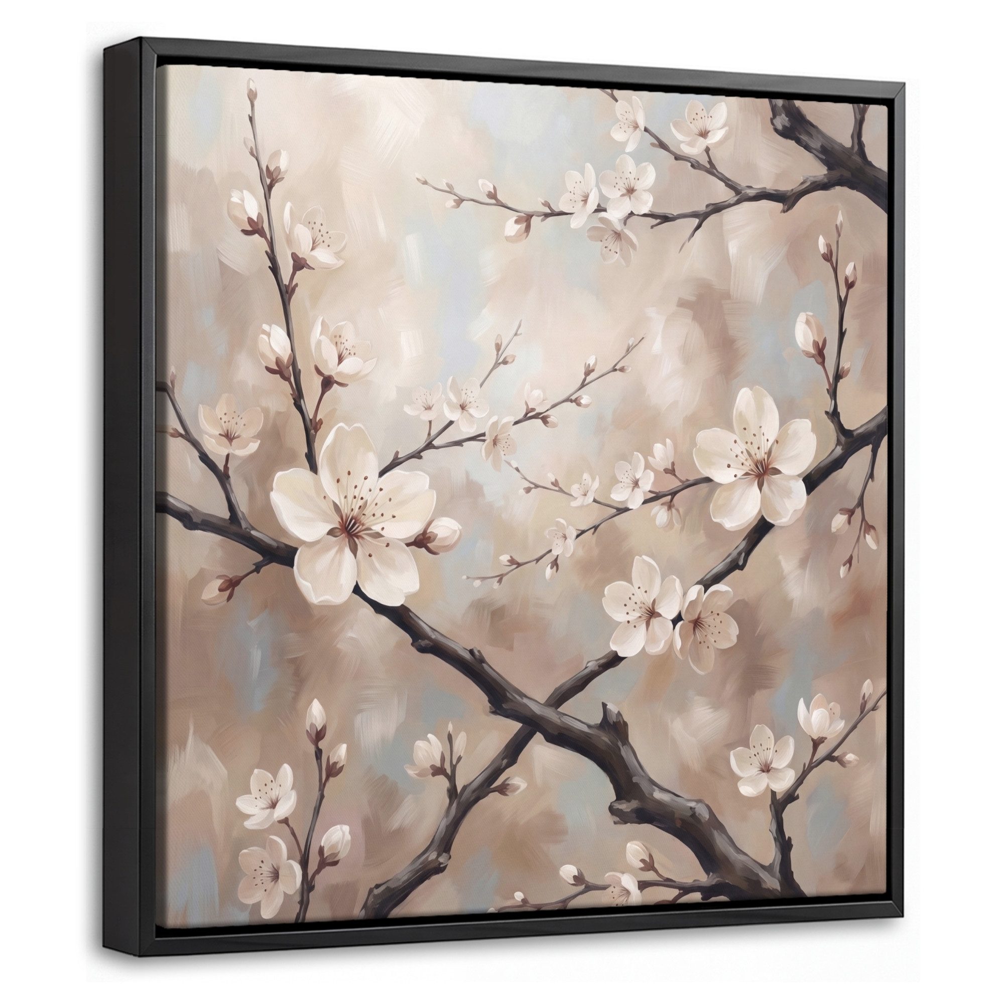 OneMillionCanvasses® Leinwandbild mit Rahmen - Blüte - Zweige - Kunstdrucke - Beige - Gelassenheit, Fotodruck (1 St), Leinwand Bilder Klein, Wand Dekoration Aesthetic 20x20cm
