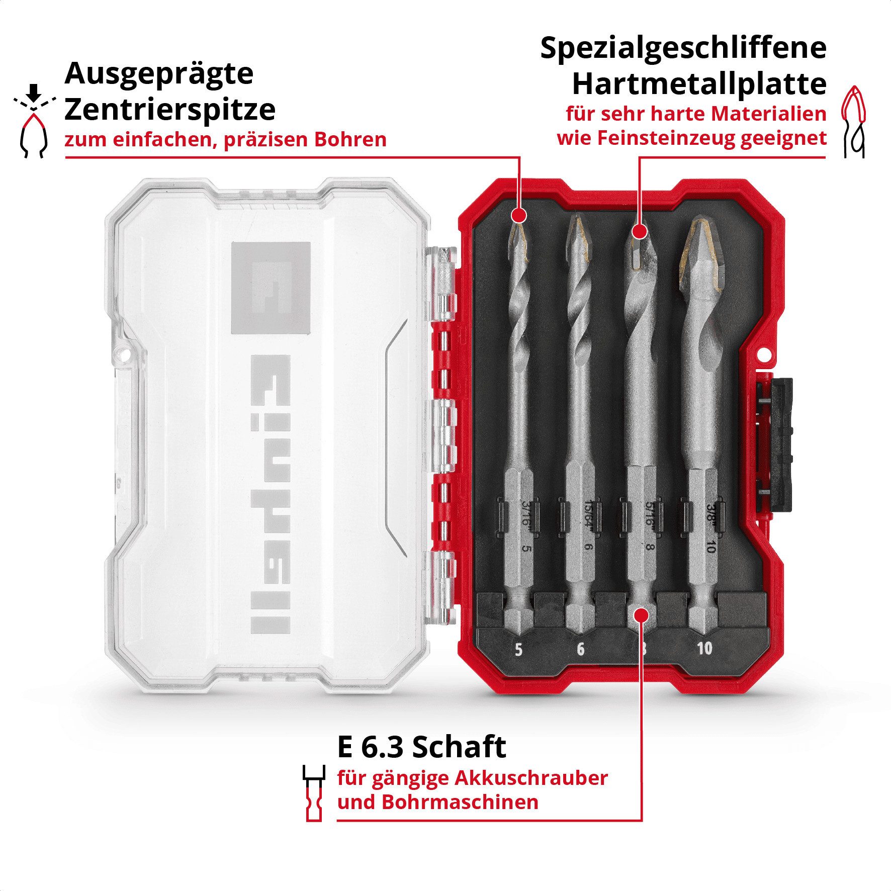 Einhell Bohrer- und Bit-Set Original Einhell XS-CASE 4-tlg. HM-Fliesenbohrer-Set (aus Werkzeugstah, (4x Keramikbohrer (5 / 6 / 8 / 10 mm), 1x Aufbewahrungsbox (10,8 x 7,5 x 3,5 cm), 4-tlg), XS-CASE 4-tlg. HM-Fliesenbohrer-Set, aus Werkzeugstahl