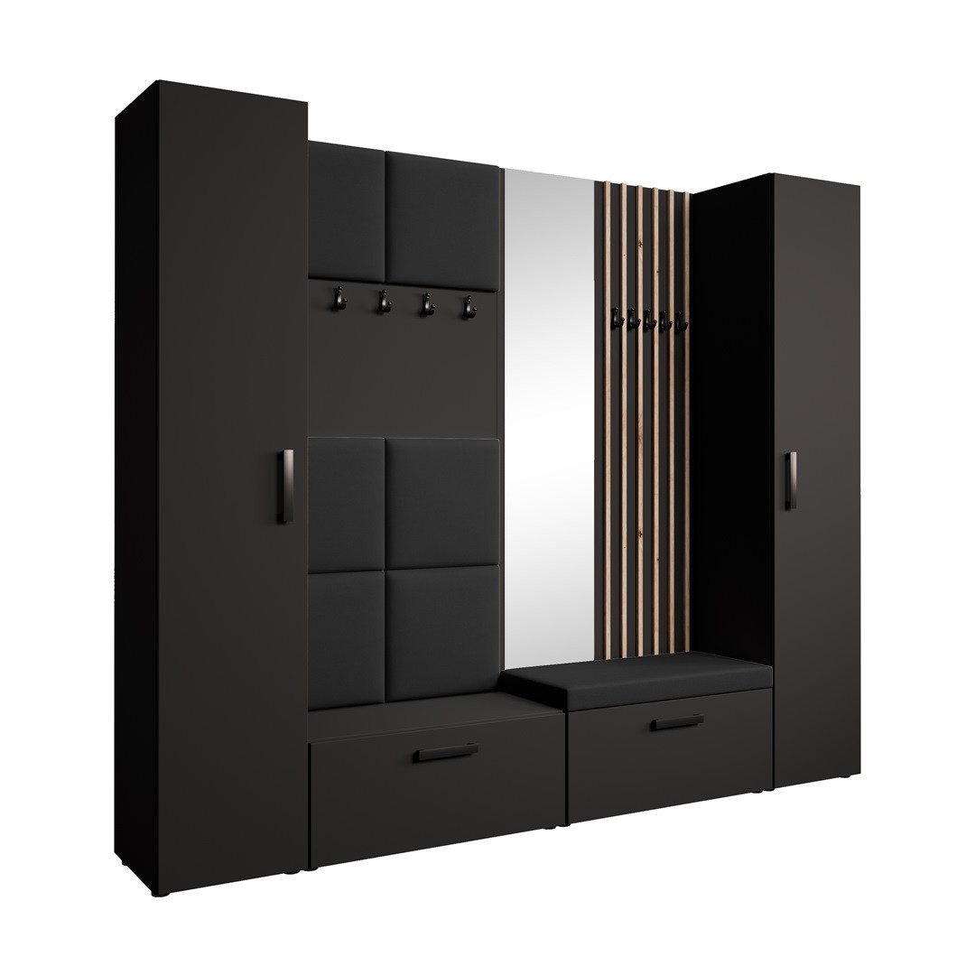 Beautysofa Garderobenschrank mit gepolsterten Paneelen und Spiegel MARGARET XL (zwei praktische Schuhschränke und zwei komfortable Kleiderschränke mit Kleiderstangen) mit dekorative Lamellen und praktischen Kleiderhaken