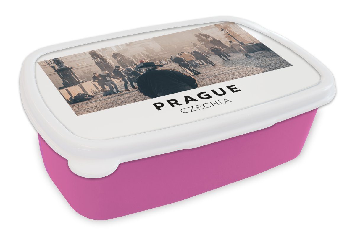MuchoWow Lunchbox Prag - Tschechische Republik - Brücke - Architektur, Kunststoff, (2-tlg), Brotbox für Erwachsene, Brotdose Kinder, Snackbox, Mädchen, Kunststoff rosa