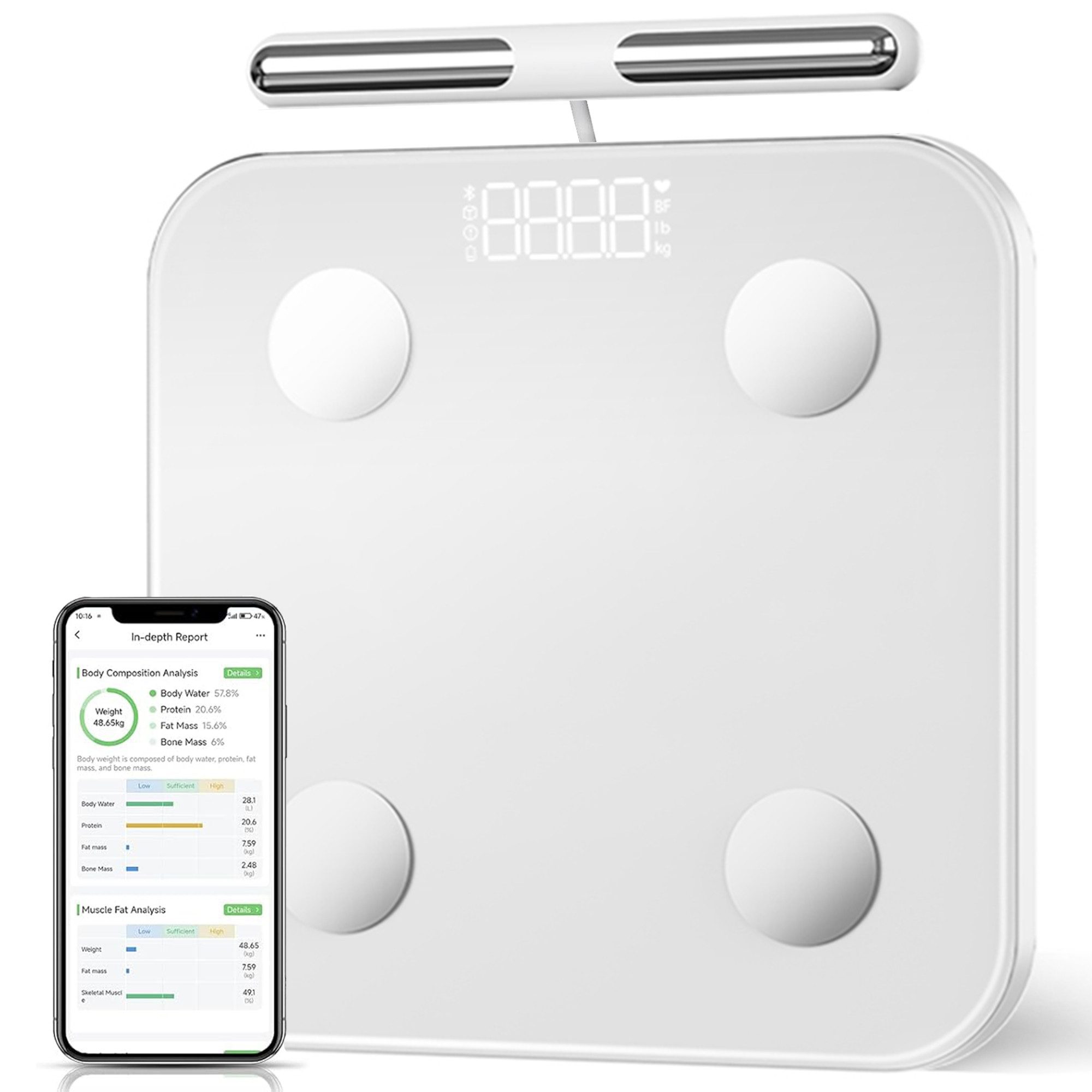 ibettertec Körper-Analyse-Waage Digitale Bluetooth-Waagen mit Handsensoren die Körperfettwaage messen, mit App zur Übertragung und Tracking der Messwerte, Full Body Scan, BMI, Körperfett, Wasser & Muskelanteil, bis zu 180 kg