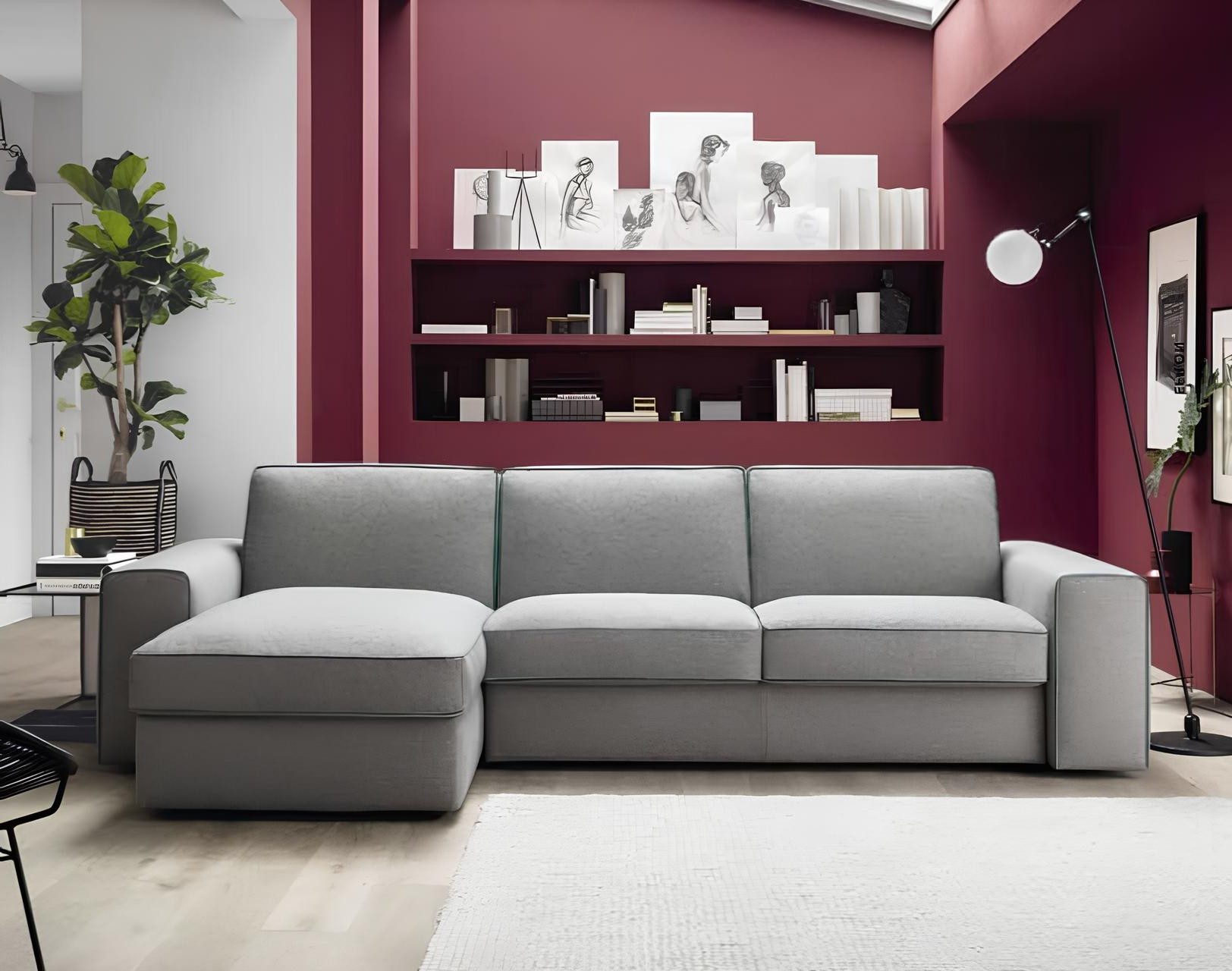 JVmoebel Ecksofa L-förmiges Sofa aus Textil und Holz in neutralem Grau mit Stauraum, Made in Europa