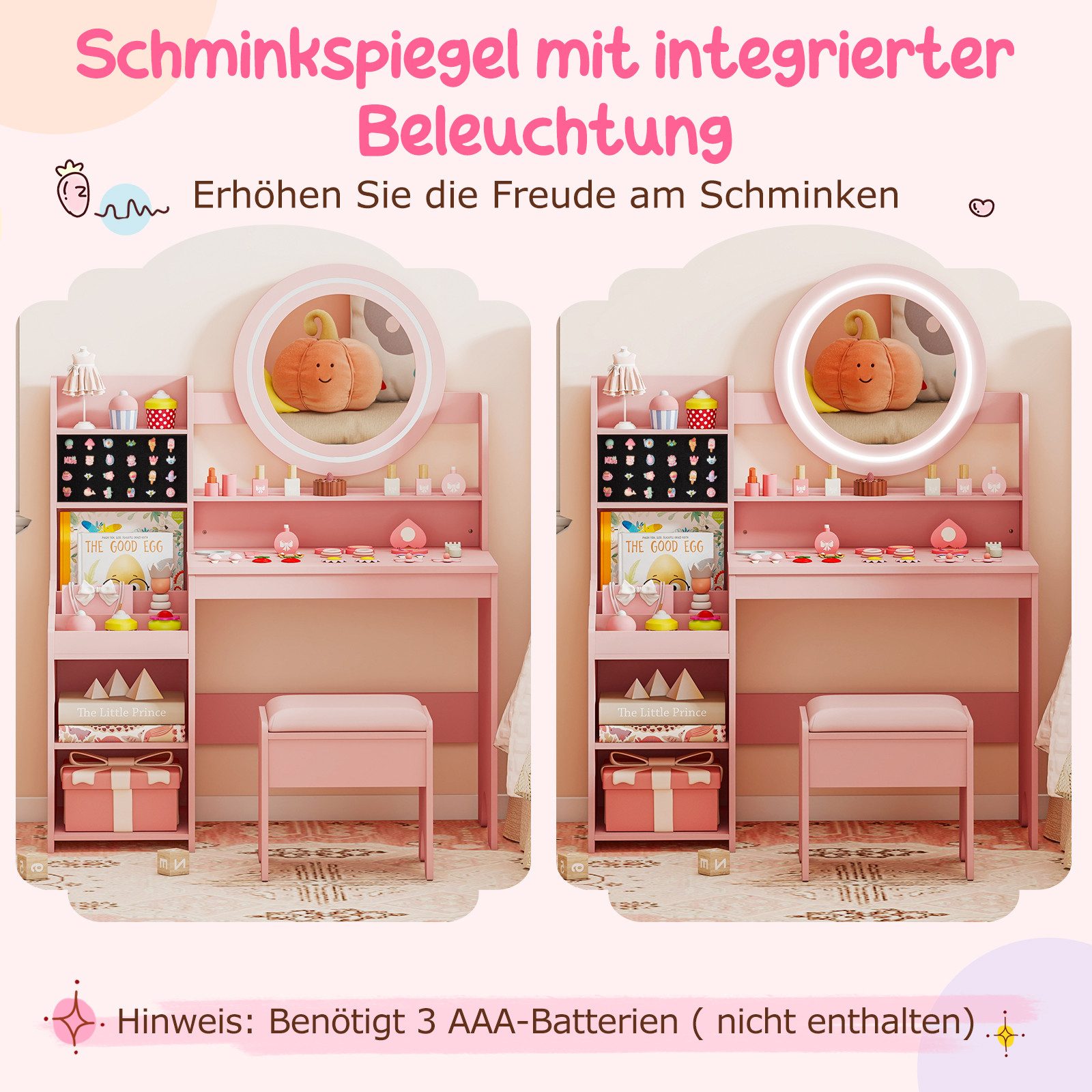 COSTWAY Schminktisch (2-St), mit gepolstertem Hocker, Spiegel & Leuchtung