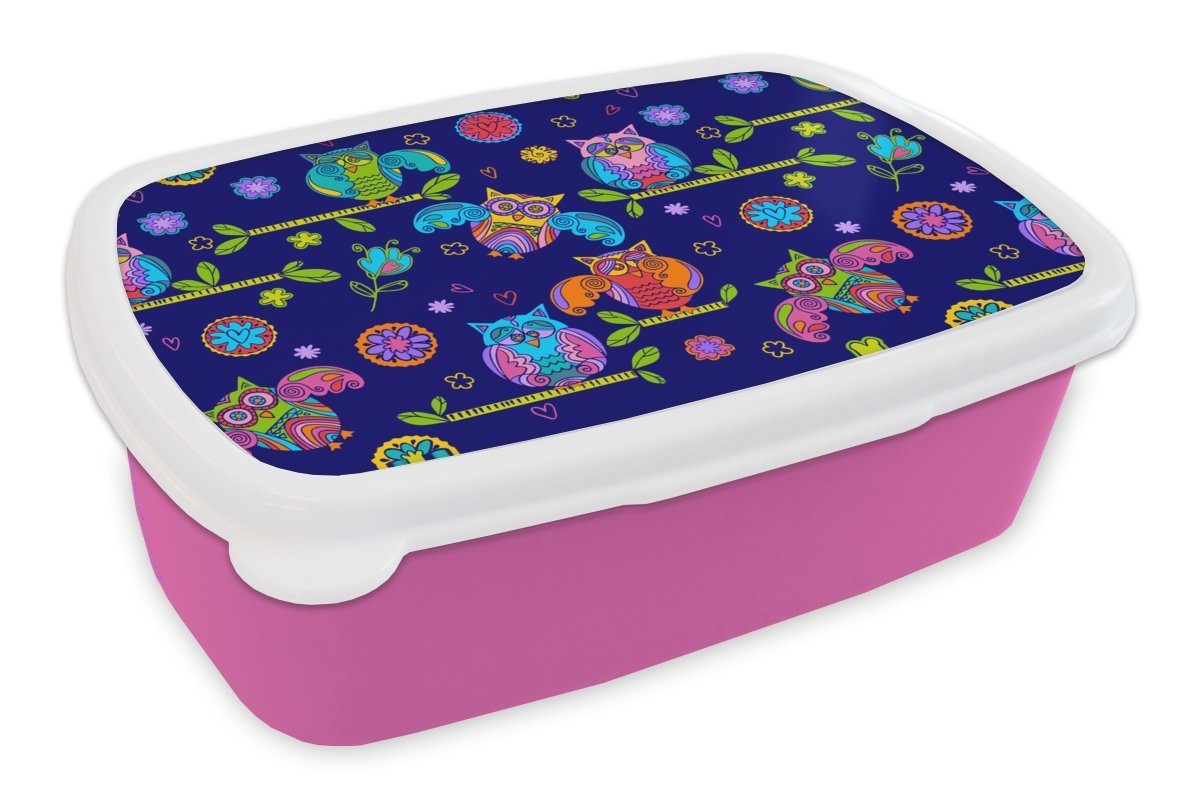 MuchoWow Lunchbox Muster - Eule - Äste, Kunststoff, (2-tlg), Brotbox für Erwachsene, Brotdose Kinder, Snackbox, Mädchen, Kunststoff rosa