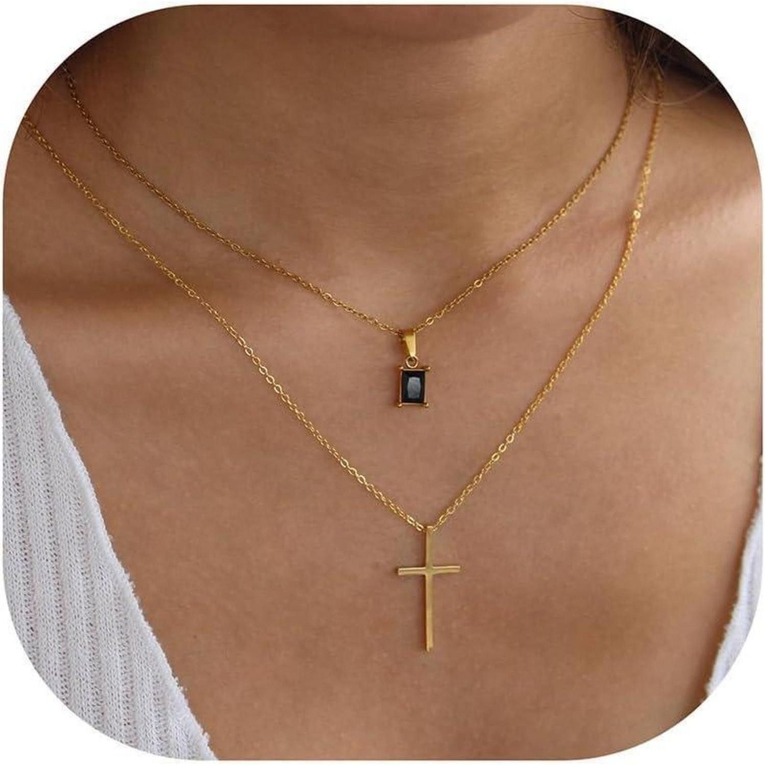 LuxusKollektion Kreuzkette Kreuz Kette Gold 14K Vergoldet Layered Halskette Damen Choker